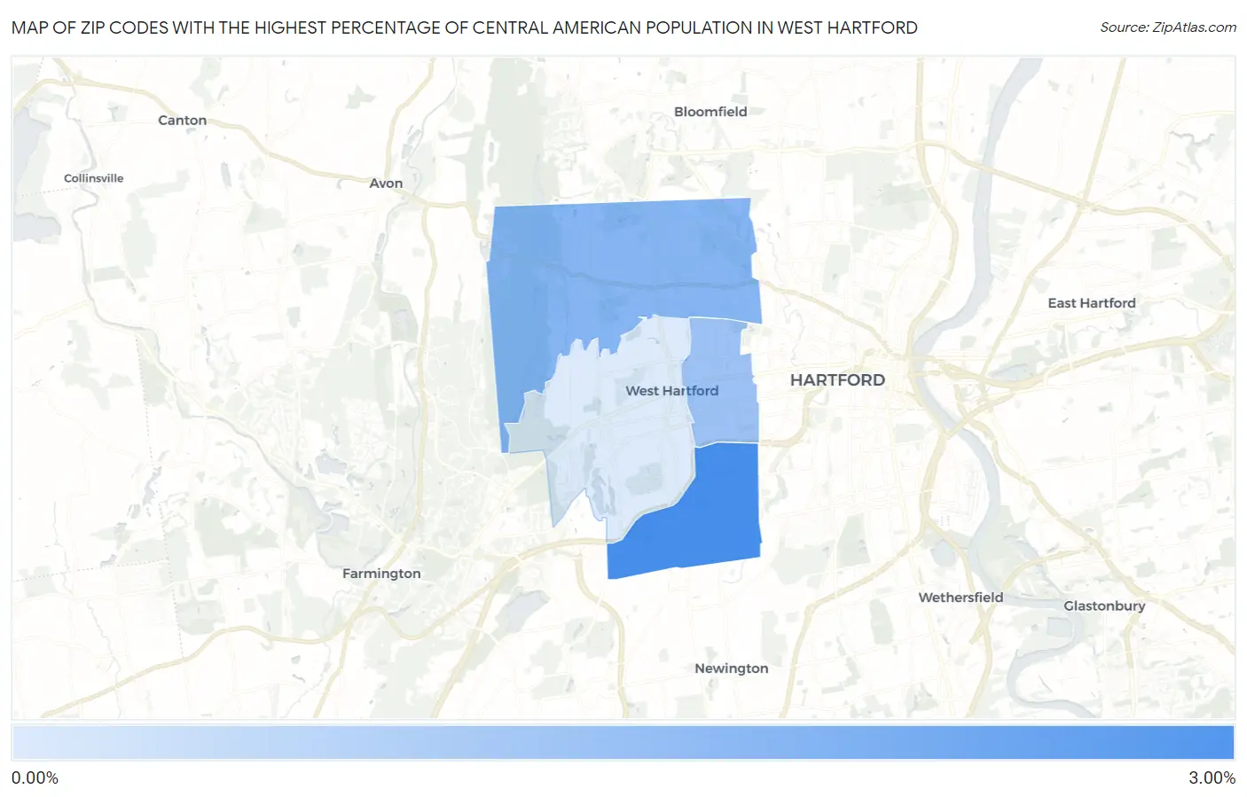 Zip Codes with the Highest Percentage of Central American Population in West Hartford Map