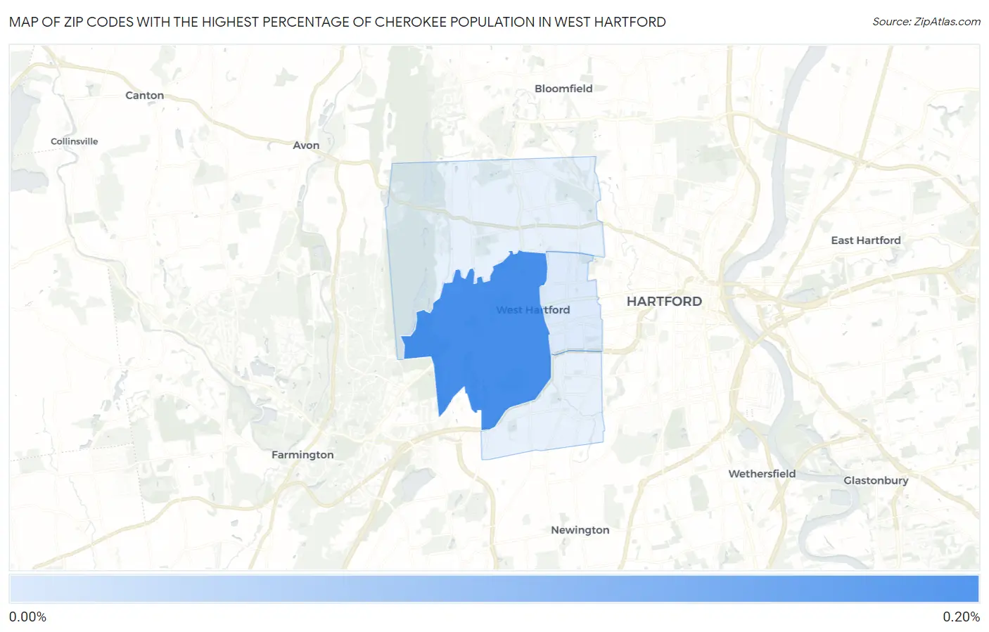 Zip Codes with the Highest Percentage of Cherokee Population in West Hartford Map