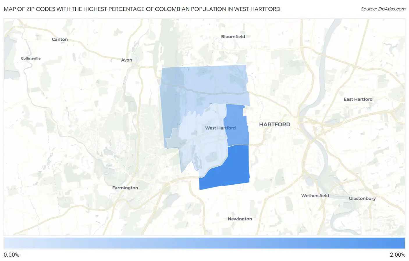 Zip Codes with the Highest Percentage of Colombian Population in West Hartford Map