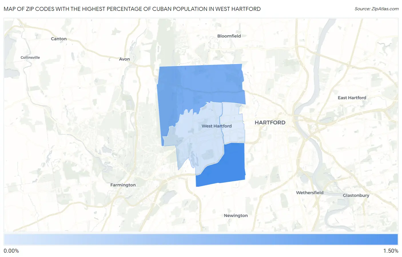 Zip Codes with the Highest Percentage of Cuban Population in West Hartford Map