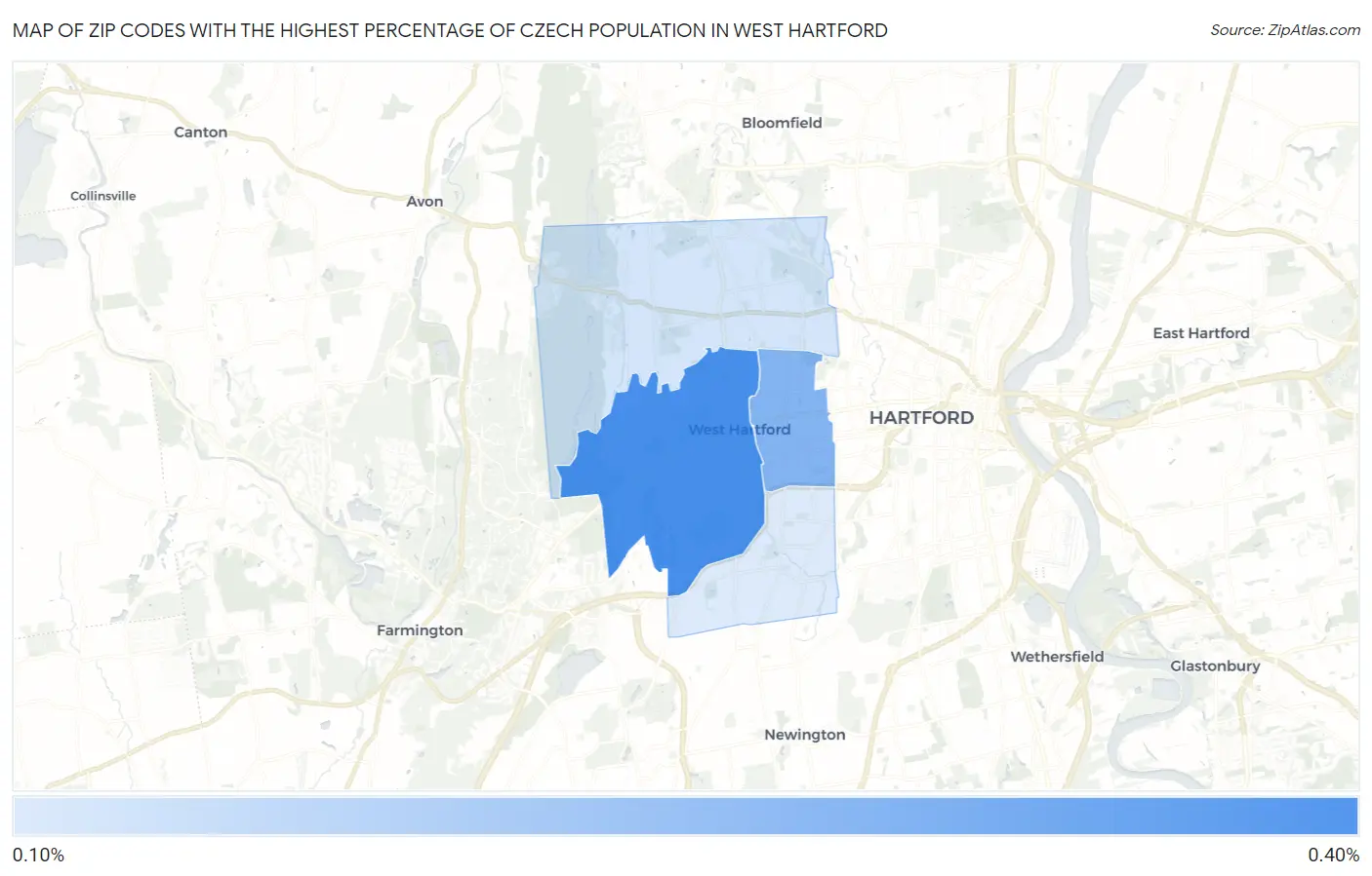 Zip Codes with the Highest Percentage of Czech Population in West Hartford Map