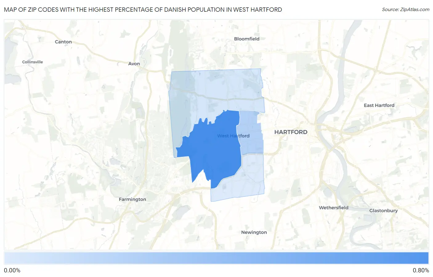 Zip Codes with the Highest Percentage of Danish Population in West Hartford Map