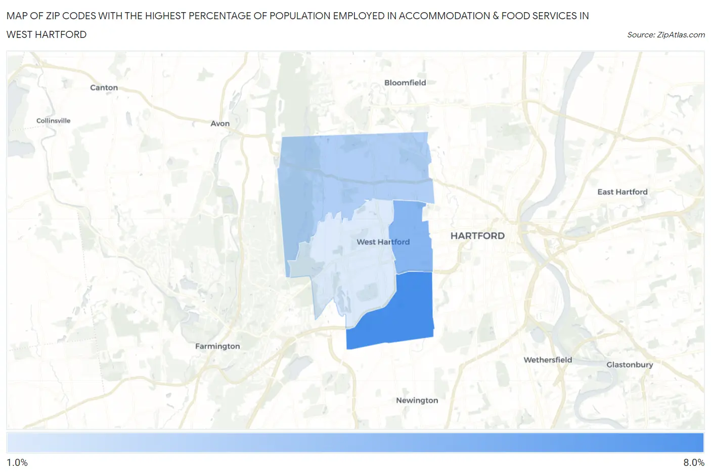 Zip Codes with the Highest Percentage of Population Employed in Accommodation & Food Services in West Hartford Map