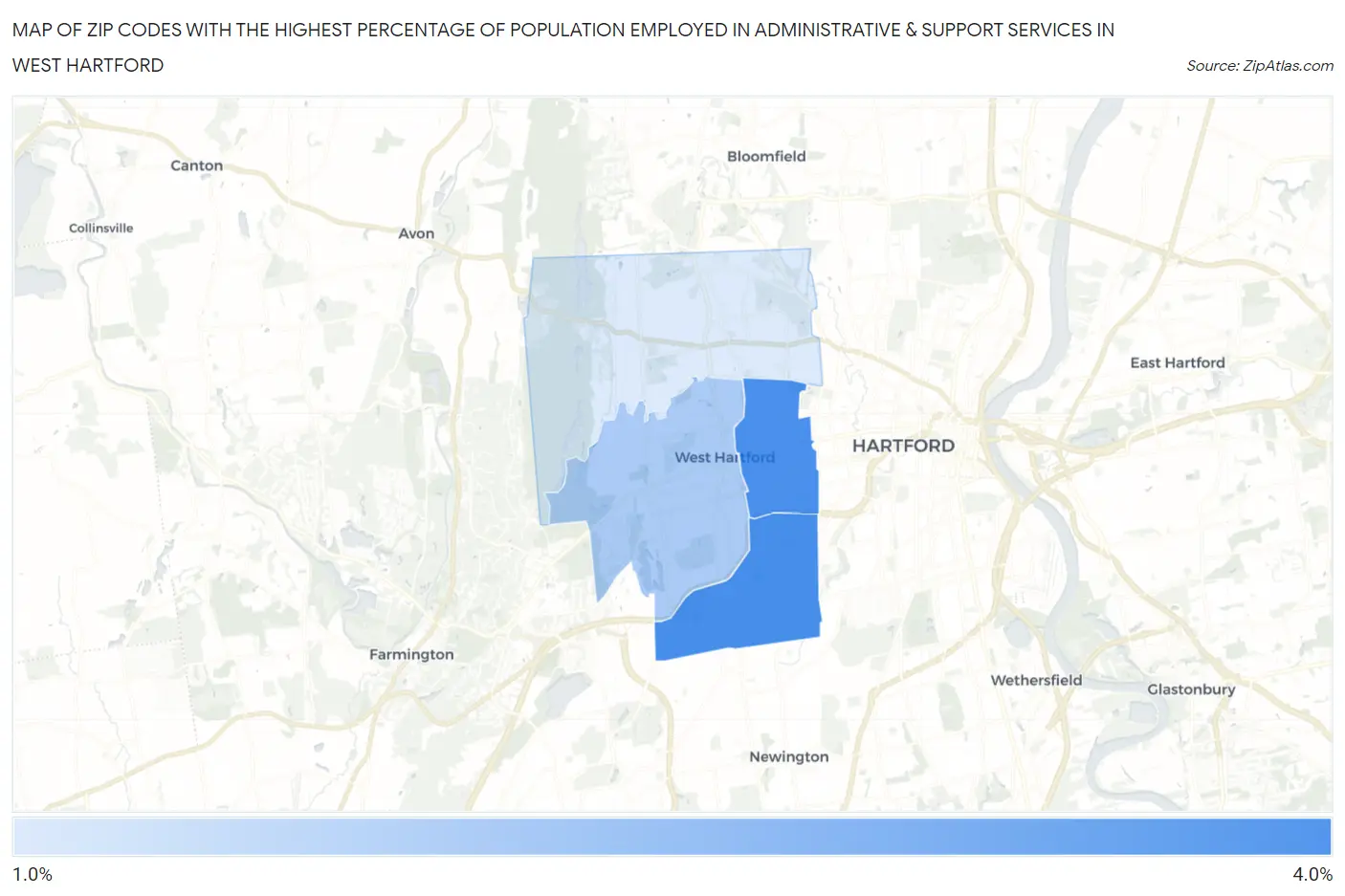 Zip Codes with the Highest Percentage of Population Employed in Administrative & Support Services in West Hartford Map