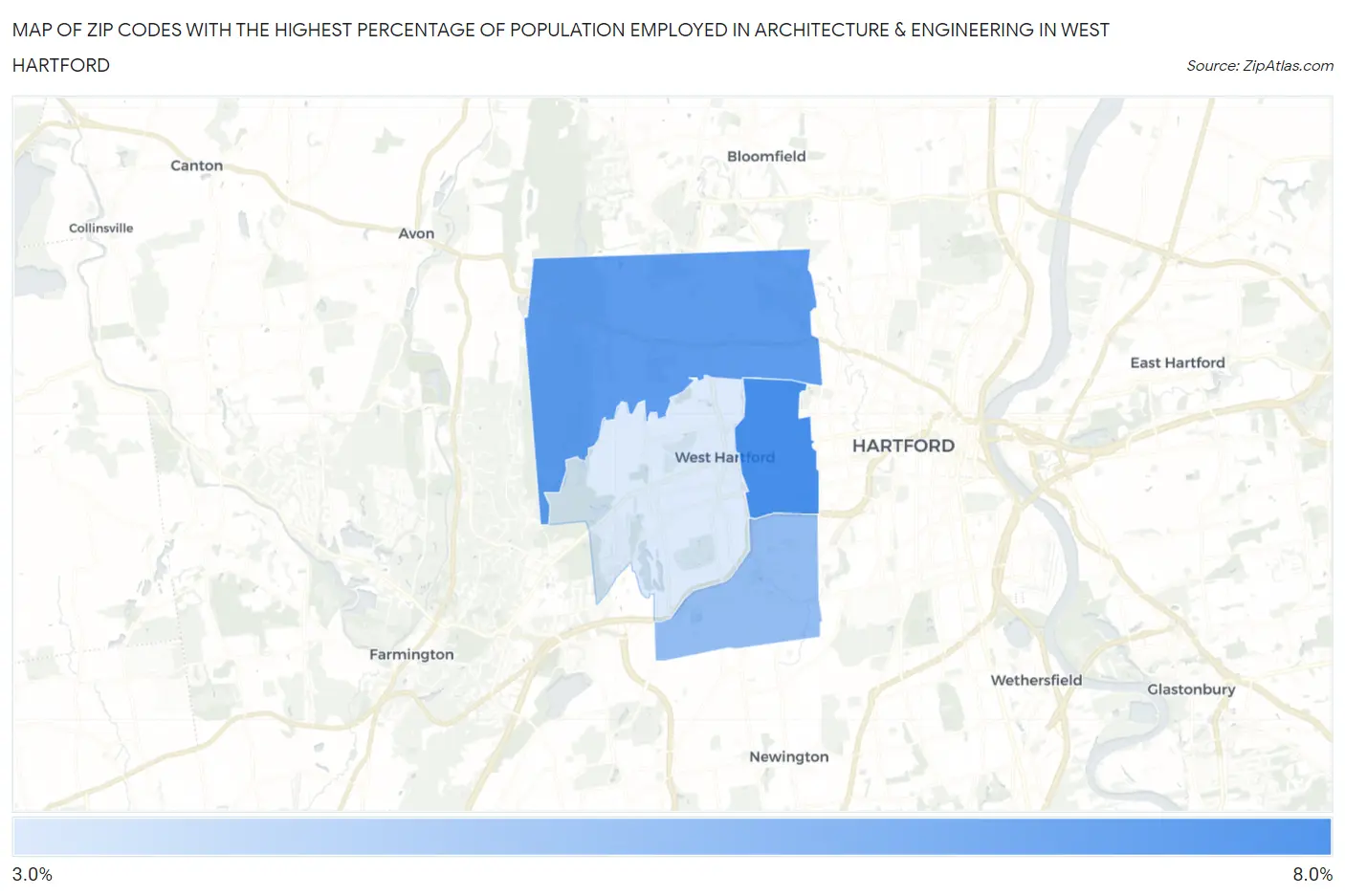 Zip Codes with the Highest Percentage of Population Employed in Architecture & Engineering in West Hartford Map