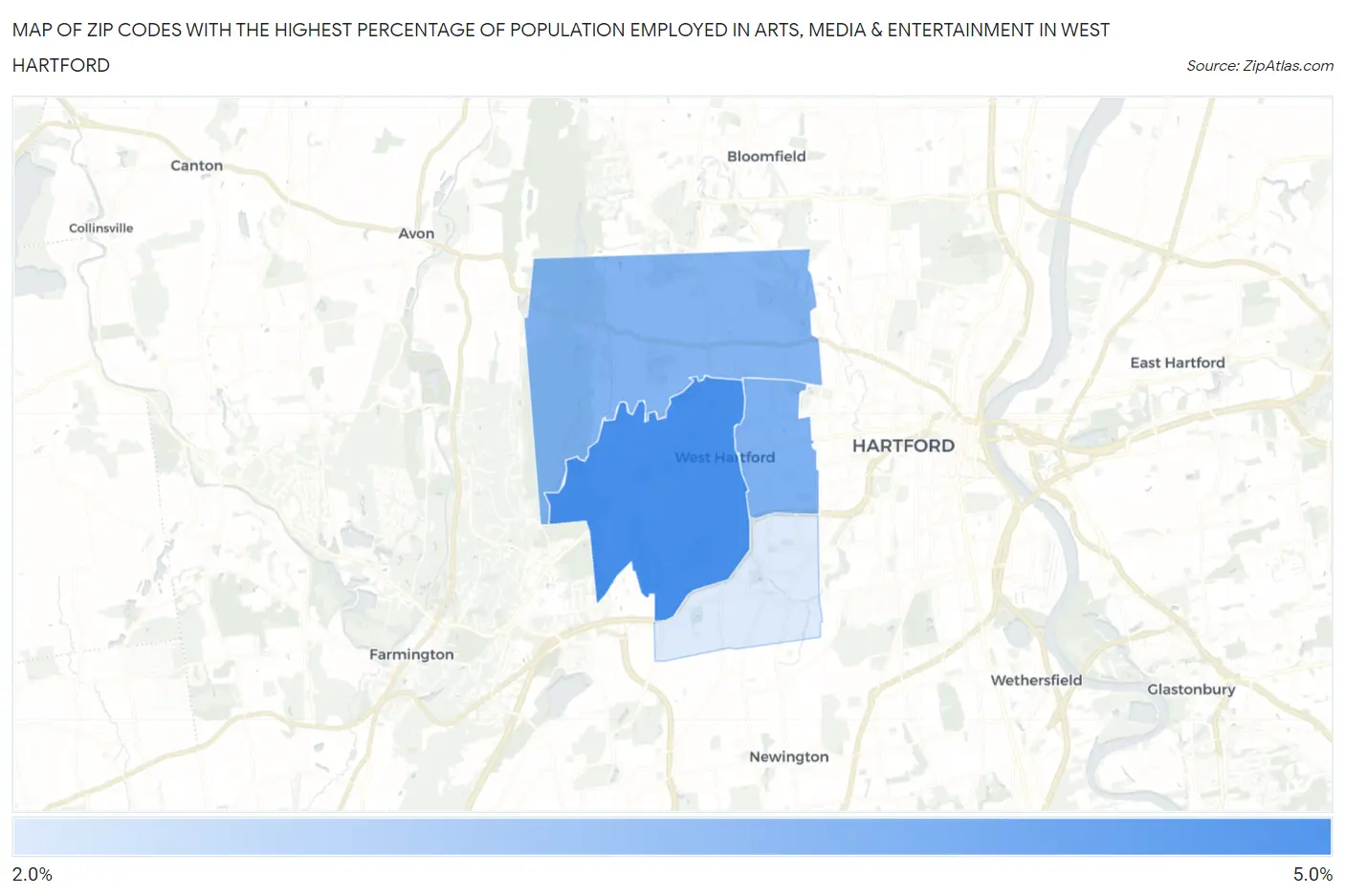 Zip Codes with the Highest Percentage of Population Employed in Arts, Media & Entertainment in West Hartford Map