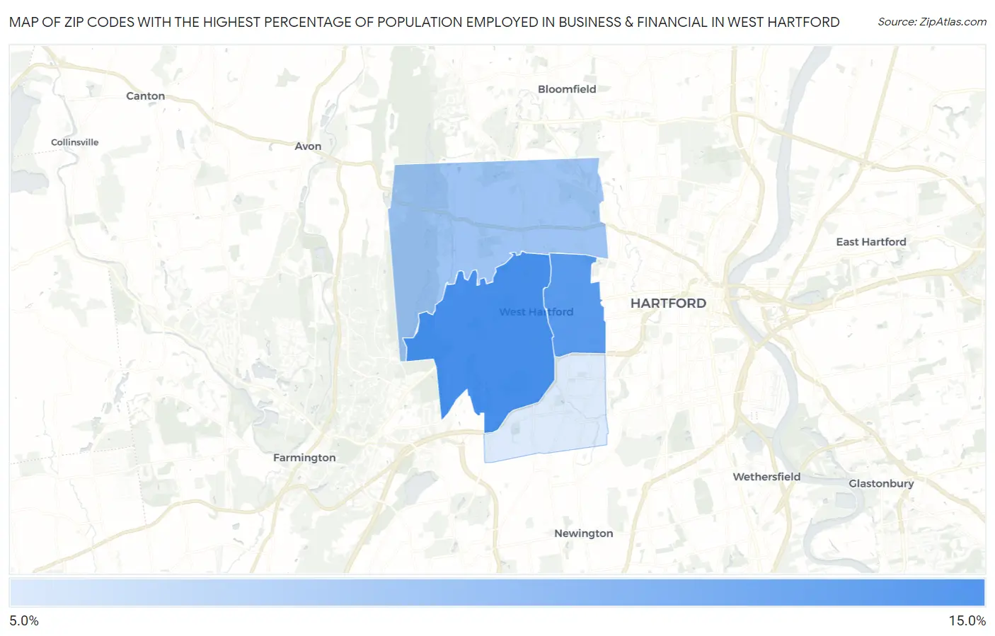Zip Codes with the Highest Percentage of Population Employed in Business & Financial in West Hartford Map