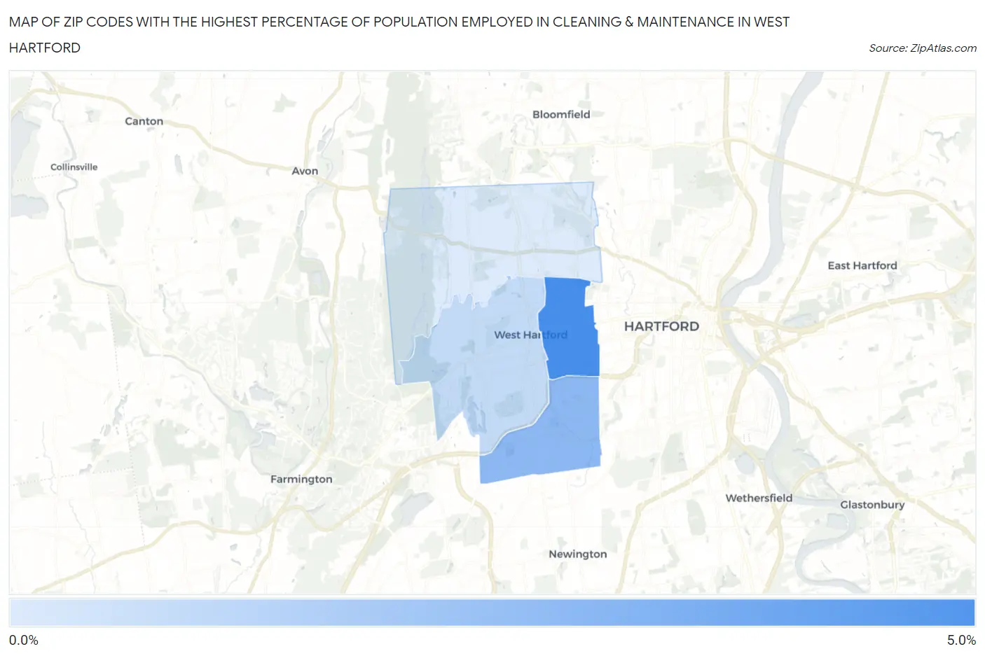 Zip Codes with the Highest Percentage of Population Employed in Cleaning & Maintenance in West Hartford Map