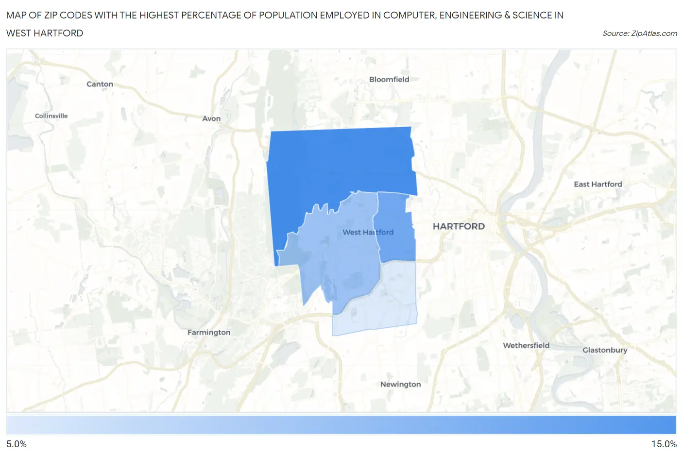 Zip Codes with the Highest Percentage of Population Employed in Computer, Engineering & Science in West Hartford Map