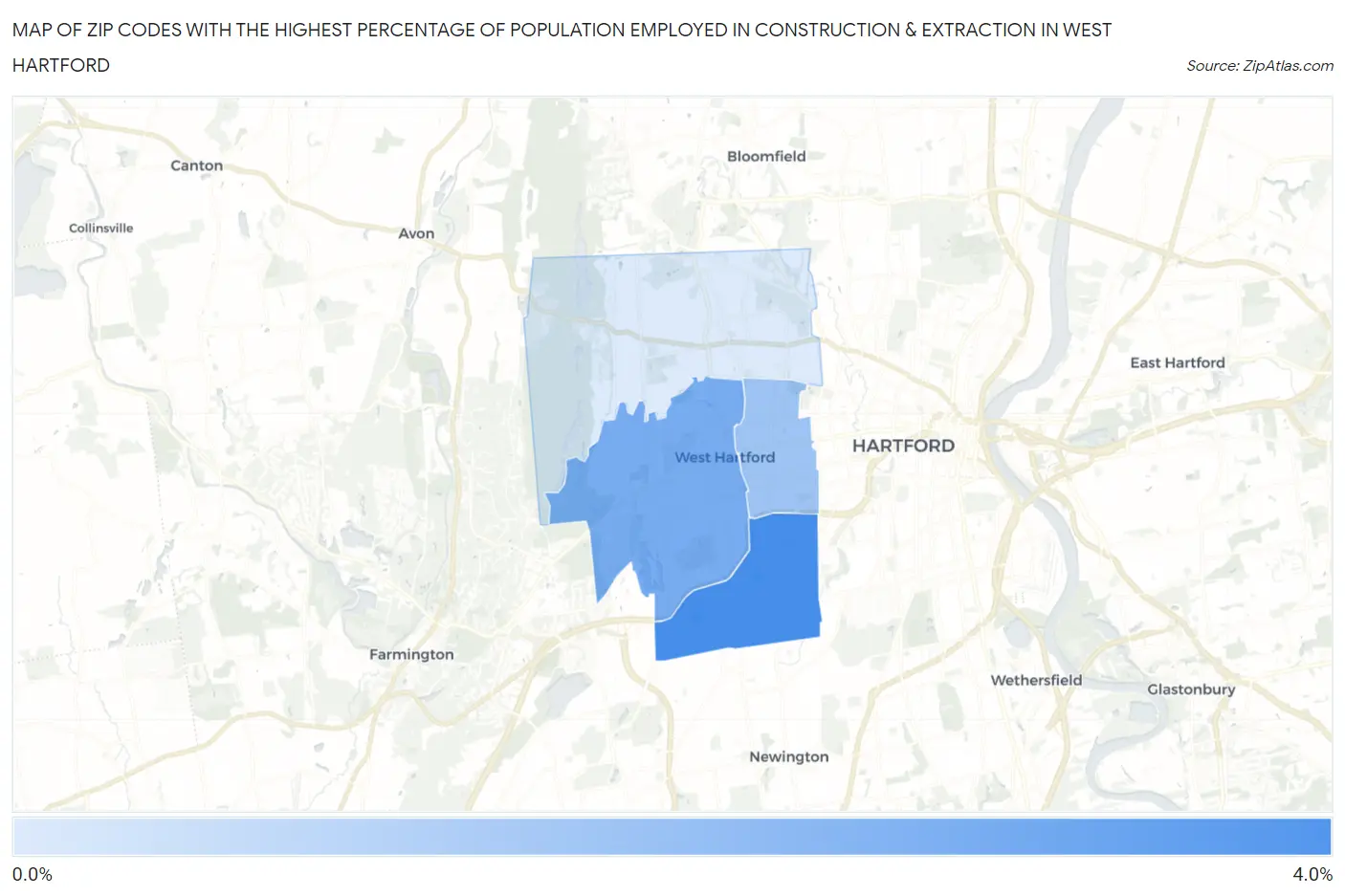 Zip Codes with the Highest Percentage of Population Employed in Construction & Extraction in West Hartford Map