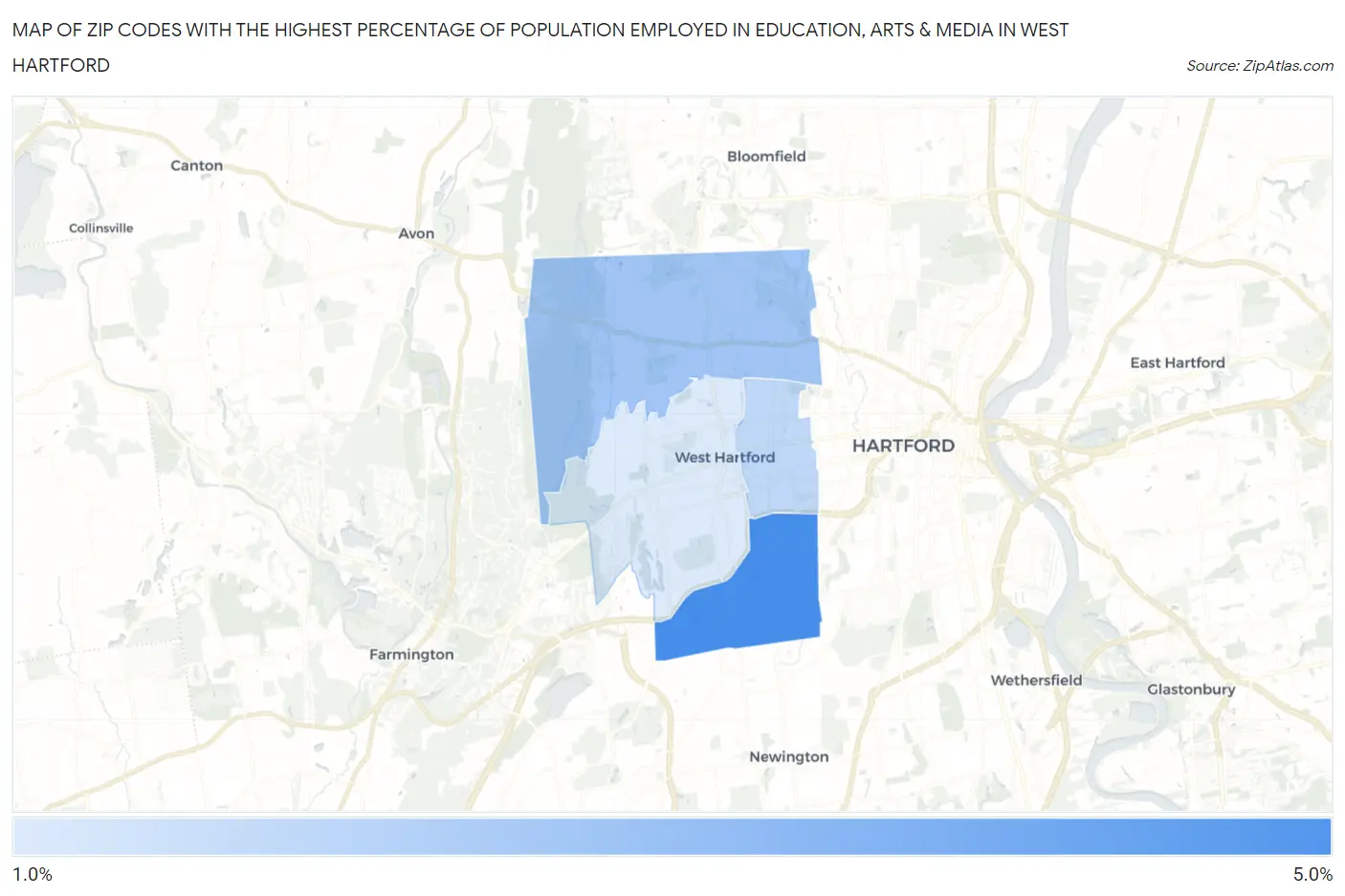 Zip Codes with the Highest Percentage of Population Employed in Education, Arts & Media in West Hartford Map