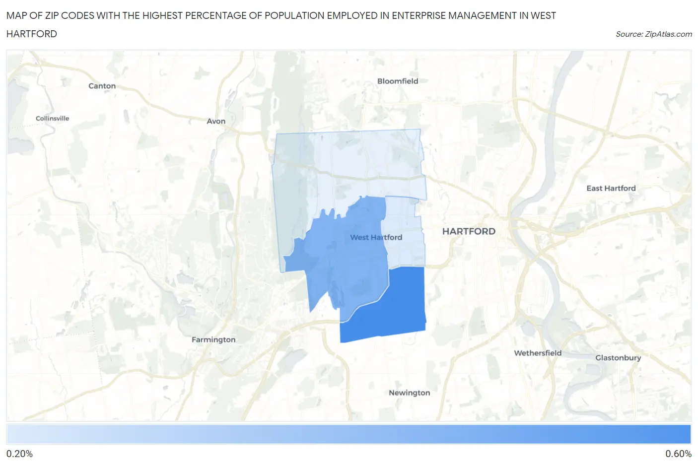 Zip Codes with the Highest Percentage of Population Employed in Enterprise Management in West Hartford Map