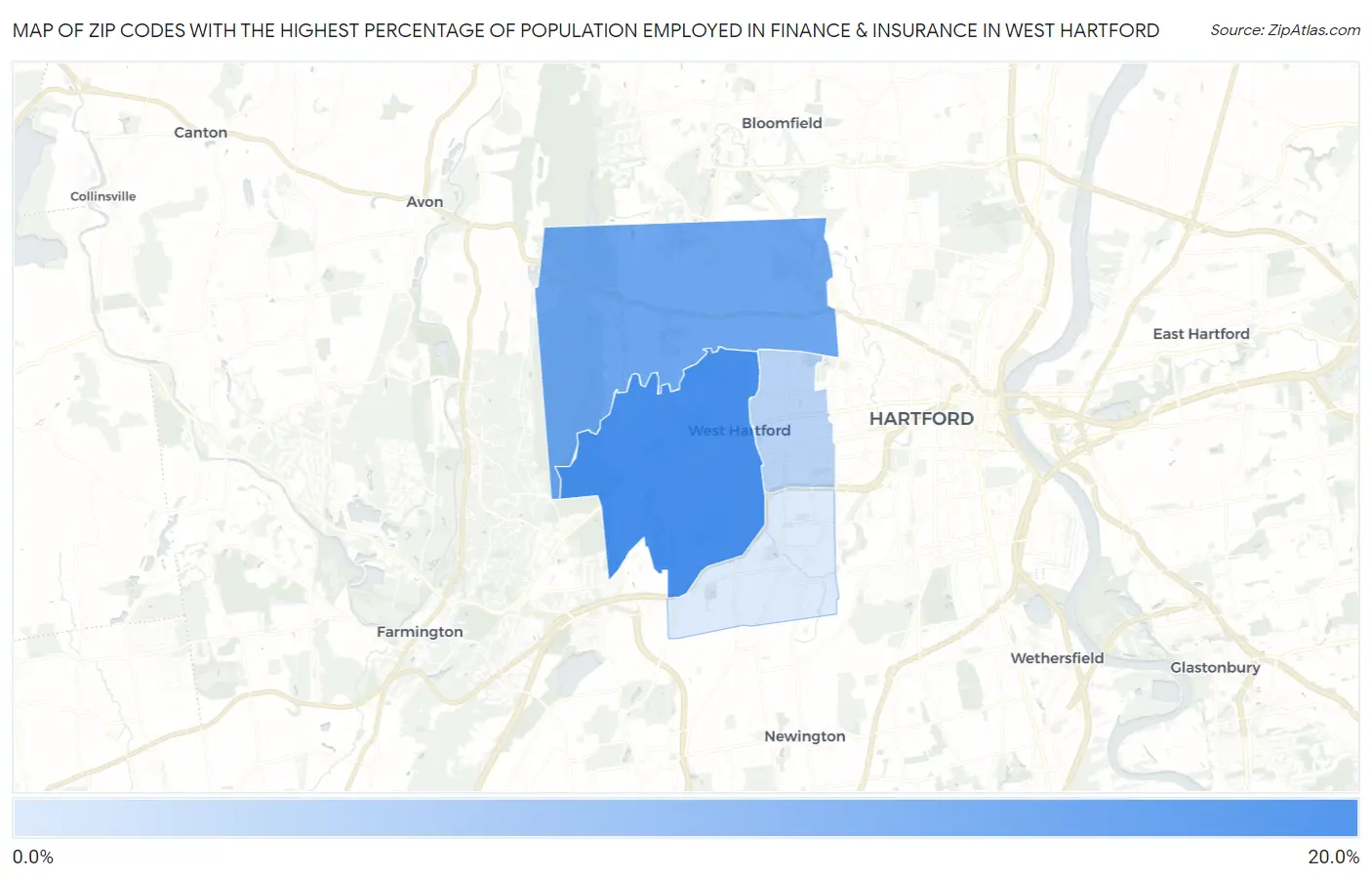 Zip Codes with the Highest Percentage of Population Employed in Finance & Insurance in West Hartford Map