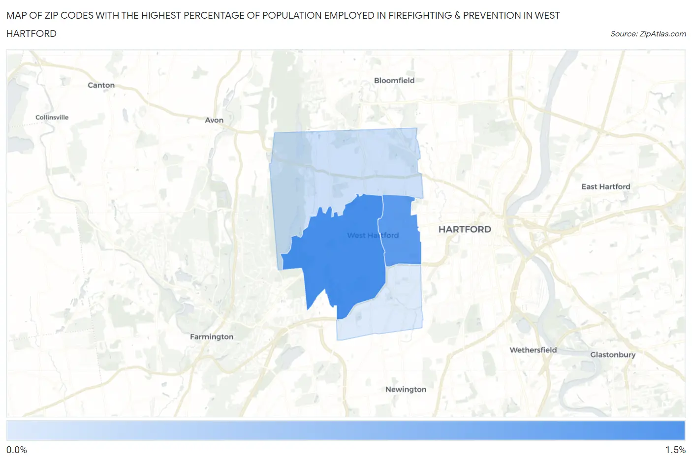 Zip Codes with the Highest Percentage of Population Employed in Firefighting & Prevention in West Hartford Map