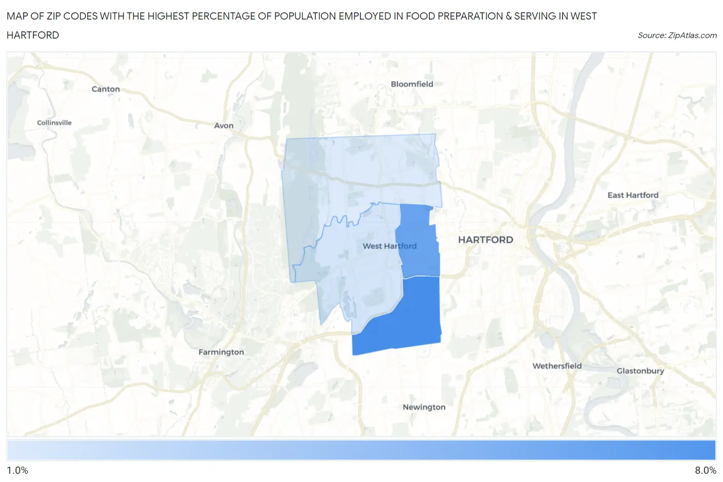 Zip Codes with the Highest Percentage of Population Employed in Food Preparation & Serving in West Hartford Map