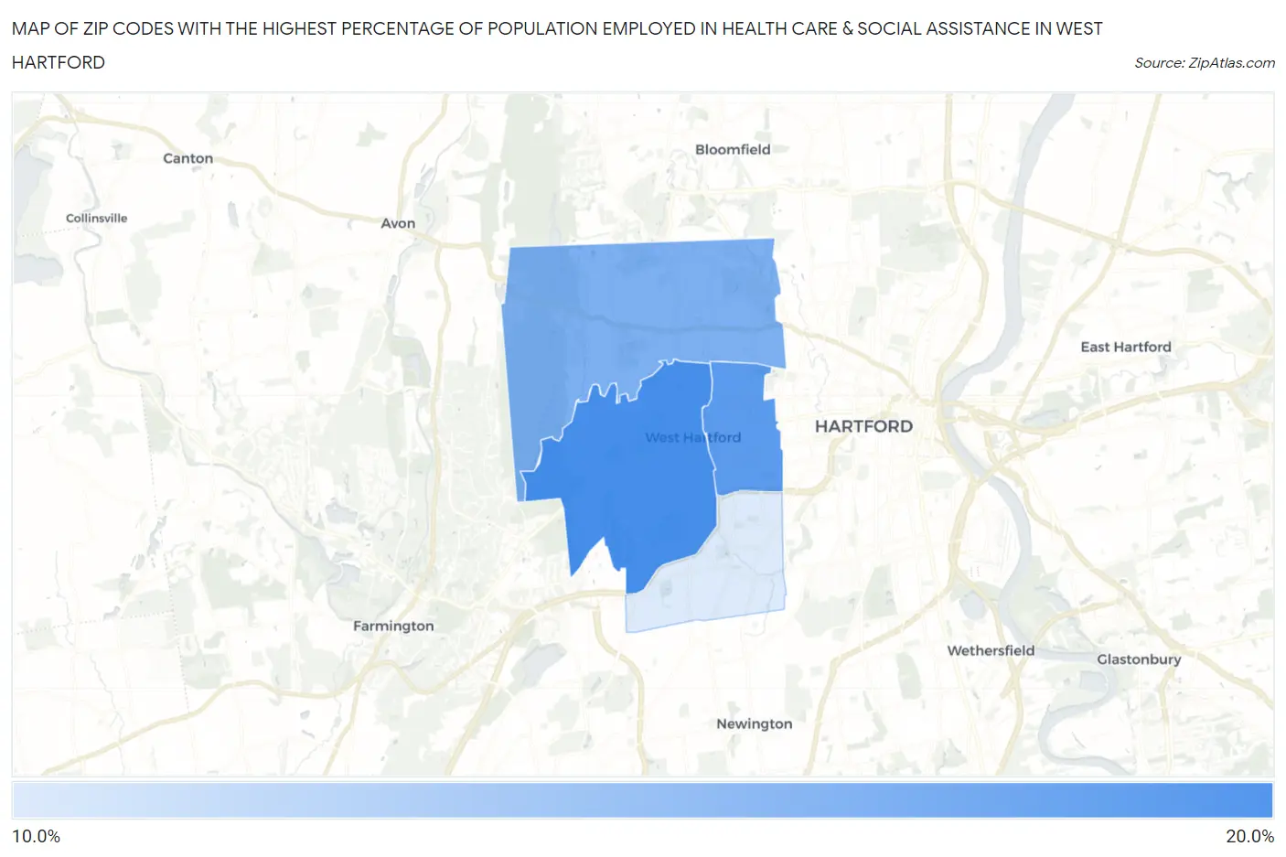 Zip Codes with the Highest Percentage of Population Employed in Health Care & Social Assistance in West Hartford Map