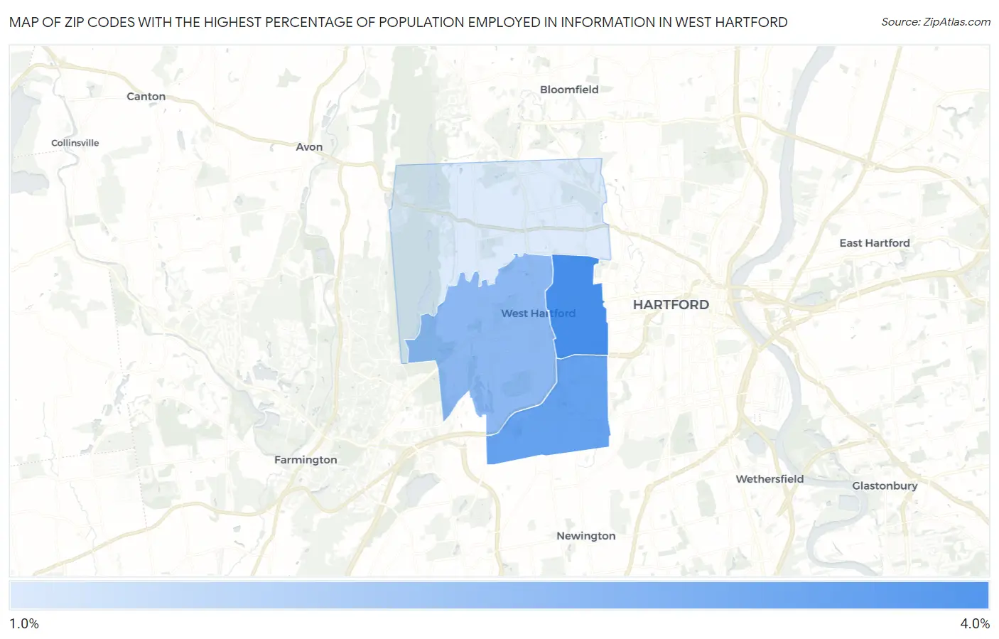 Zip Codes with the Highest Percentage of Population Employed in Information in West Hartford Map