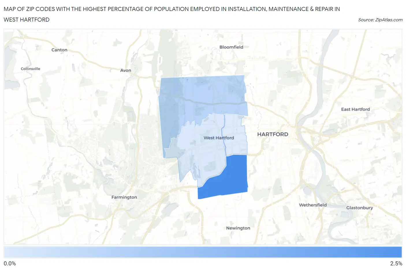 Zip Codes with the Highest Percentage of Population Employed in Installation, Maintenance & Repair in West Hartford Map