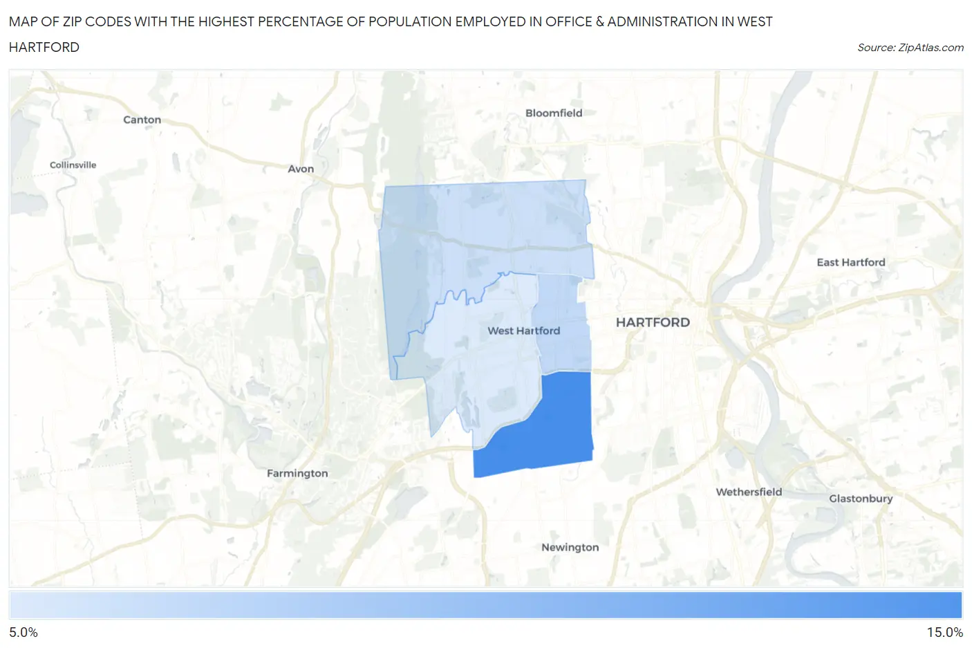 Zip Codes with the Highest Percentage of Population Employed in Office & Administration in West Hartford Map