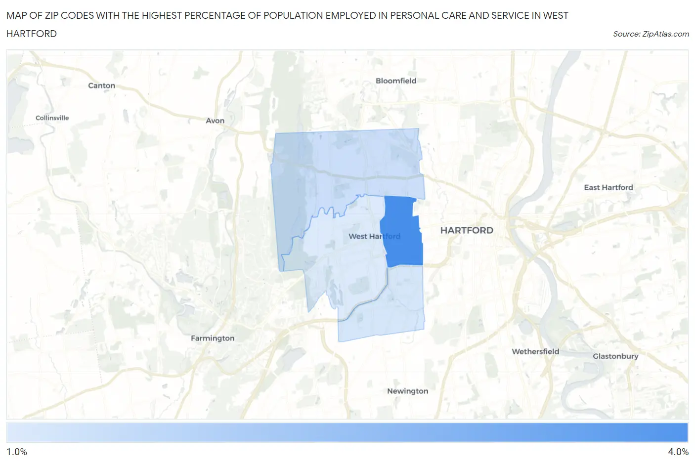 Zip Codes with the Highest Percentage of Population Employed in Personal Care and Service in West Hartford Map