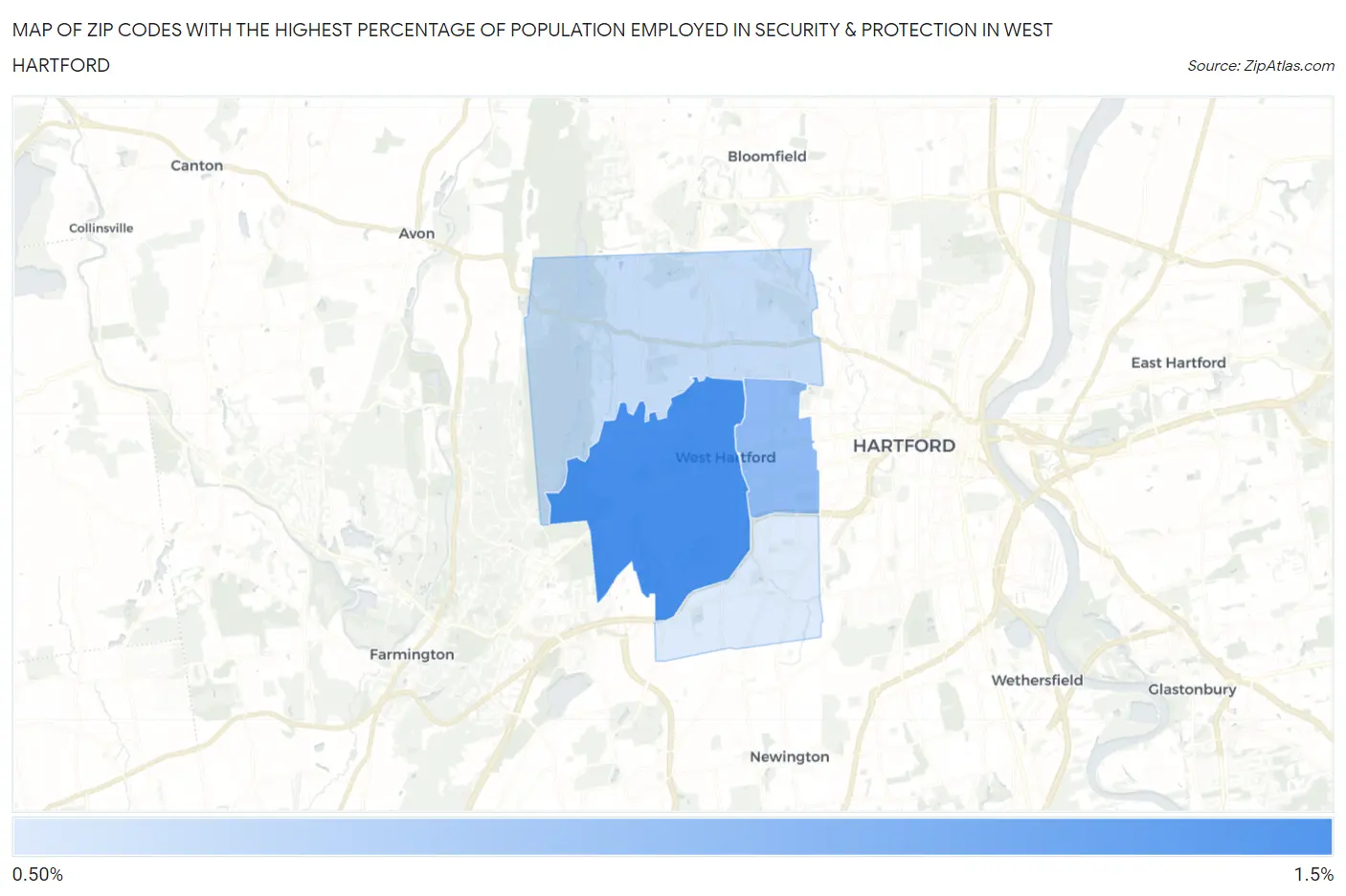Zip Codes with the Highest Percentage of Population Employed in Security & Protection in West Hartford Map