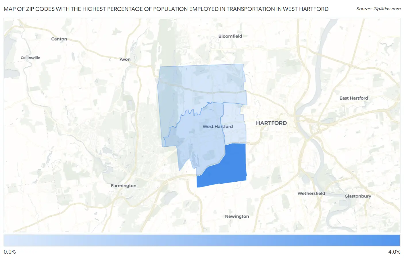 Zip Codes with the Highest Percentage of Population Employed in Transportation in West Hartford Map