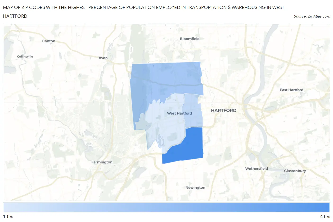 Zip Codes with the Highest Percentage of Population Employed in Transportation & Warehousing in West Hartford Map
