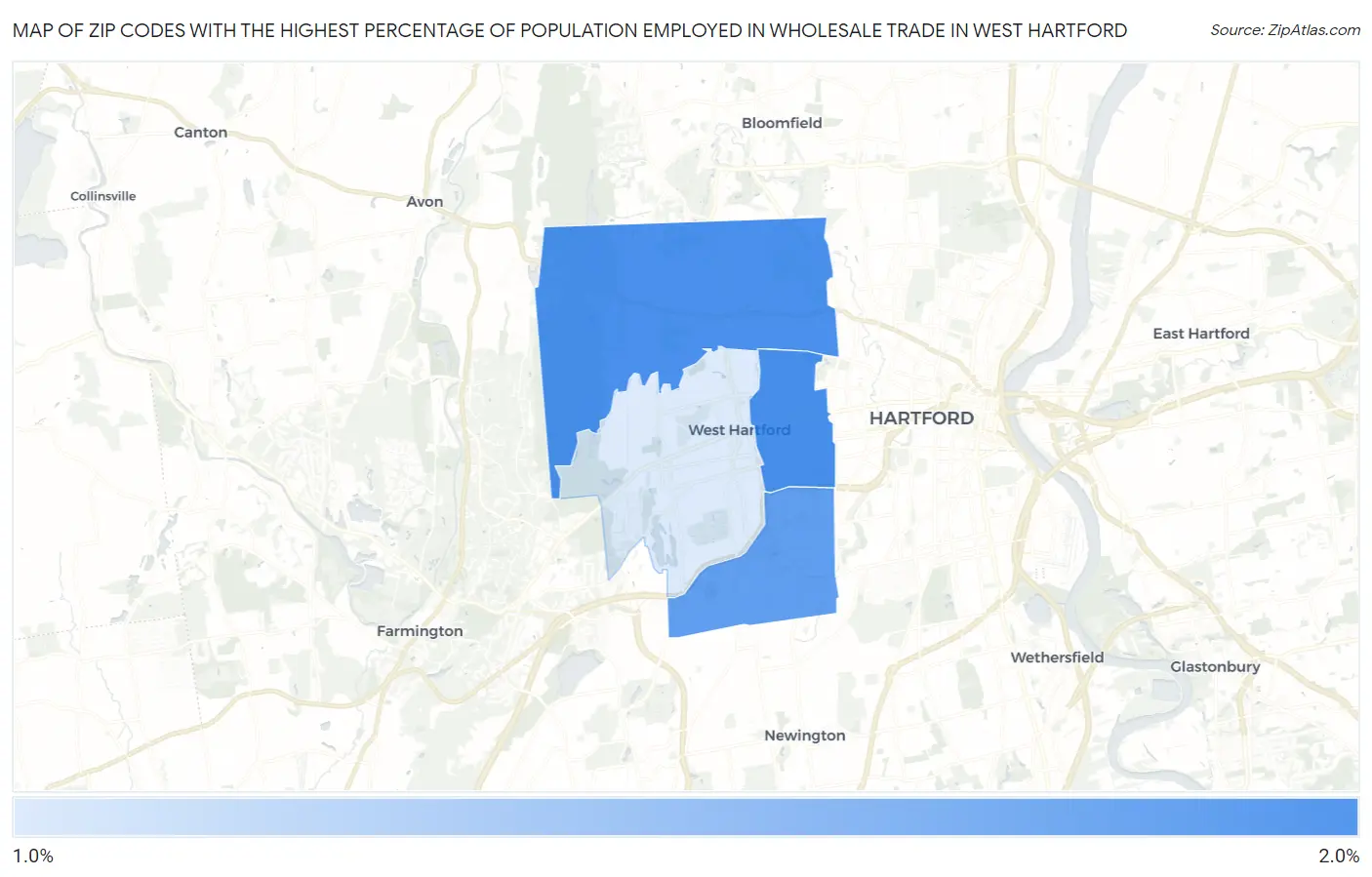 Zip Codes with the Highest Percentage of Population Employed in Wholesale Trade in West Hartford Map