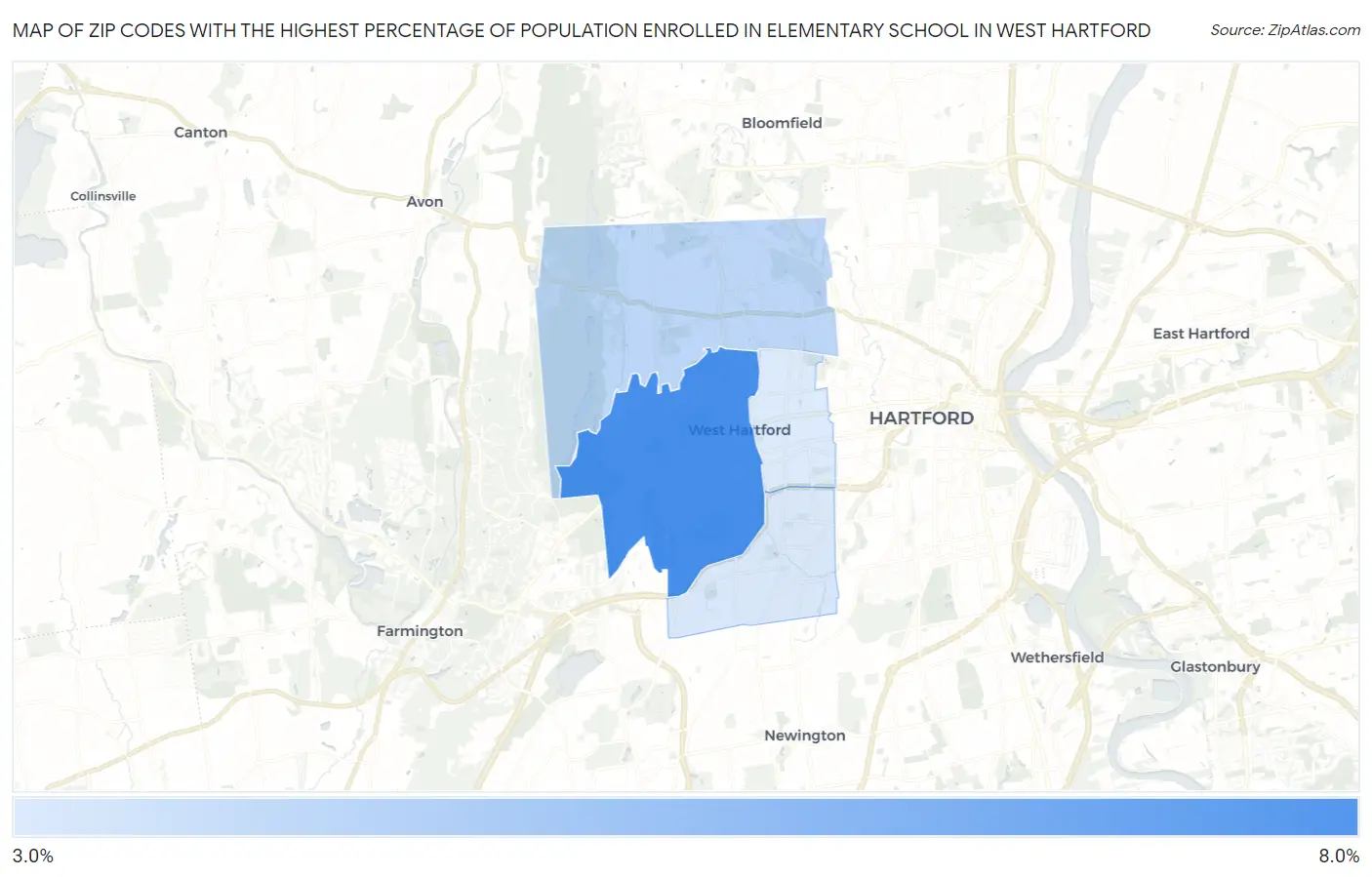 Zip Codes with the Highest Percentage of Population Enrolled in Elementary School in West Hartford Map