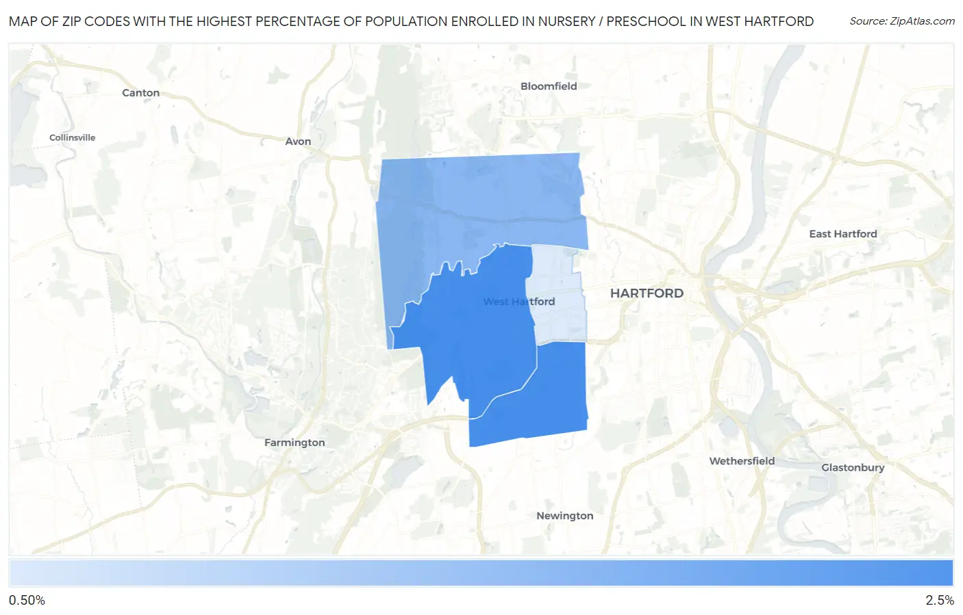 Zip Codes with the Highest Percentage of Population Enrolled in Nursery / Preschool in West Hartford Map
