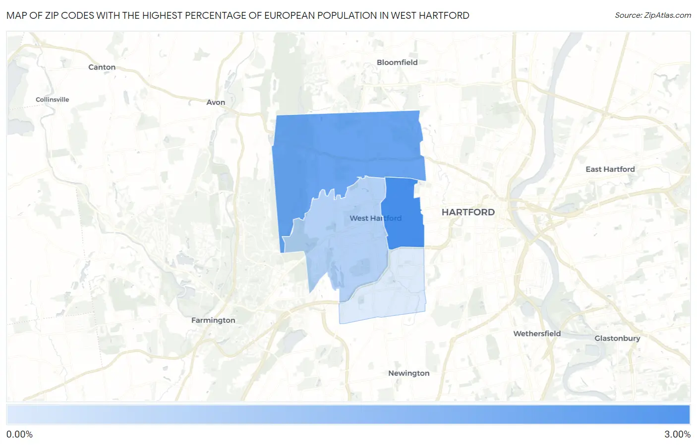 Zip Codes with the Highest Percentage of European Population in West Hartford Map