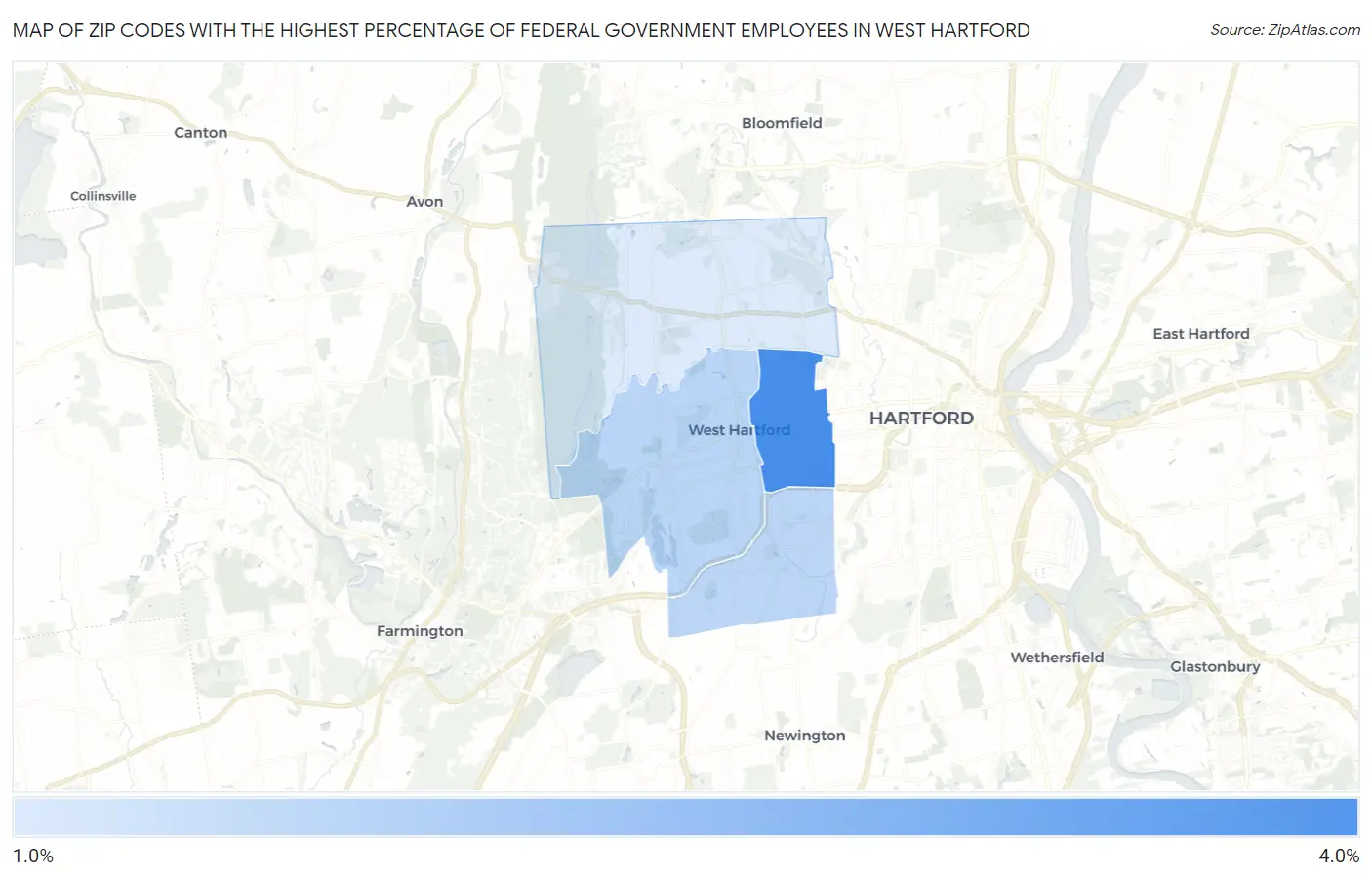 Zip Codes with the Highest Percentage of Federal Government Employees in West Hartford Map