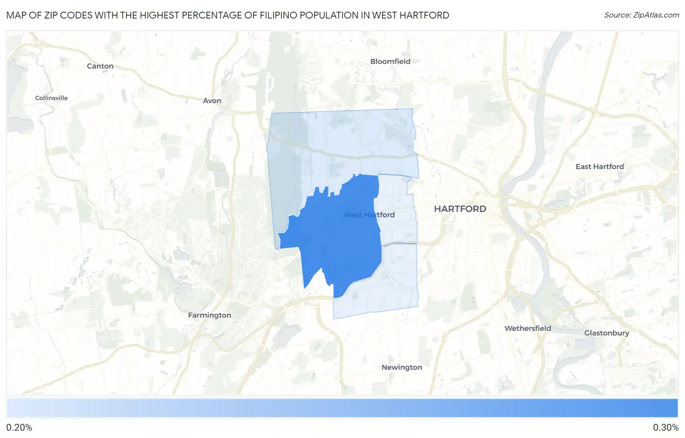 Zip Codes with the Highest Percentage of Filipino Population in West Hartford Map