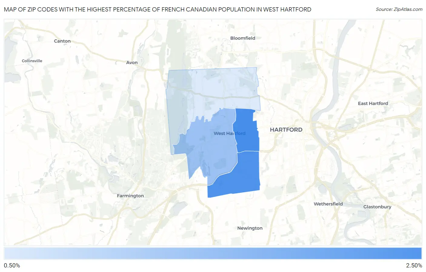 Zip Codes with the Highest Percentage of French Canadian Population in West Hartford Map