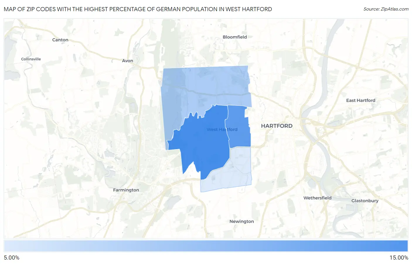 Zip Codes with the Highest Percentage of German Population in West Hartford Map