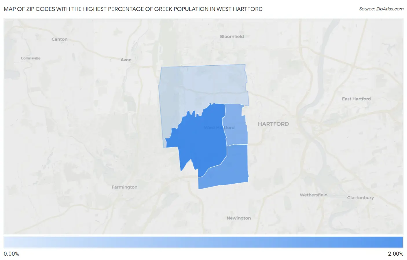 Zip Codes with the Highest Percentage of Greek Population in West Hartford Map