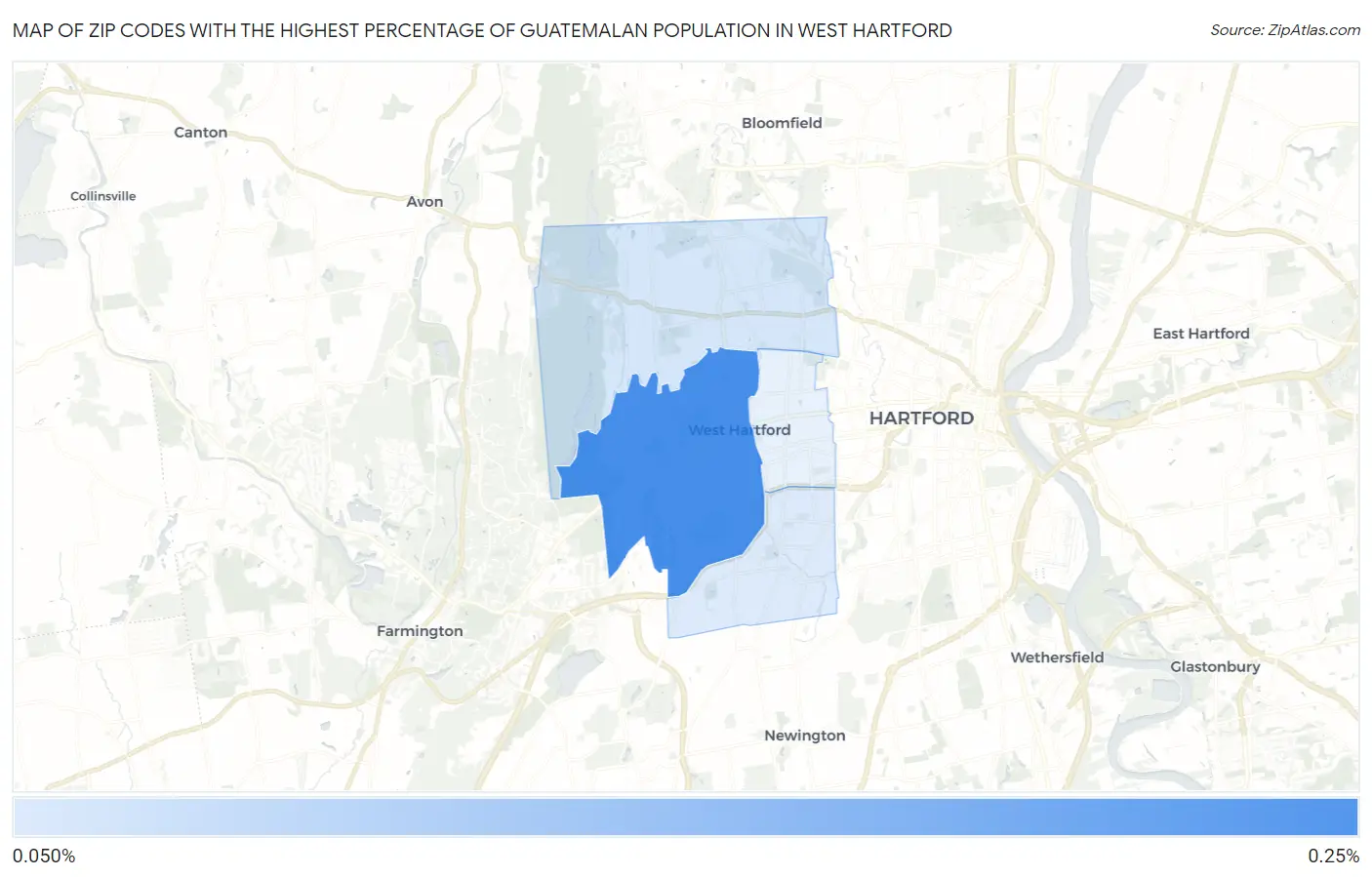 Zip Codes with the Highest Percentage of Guatemalan Population in West Hartford Map