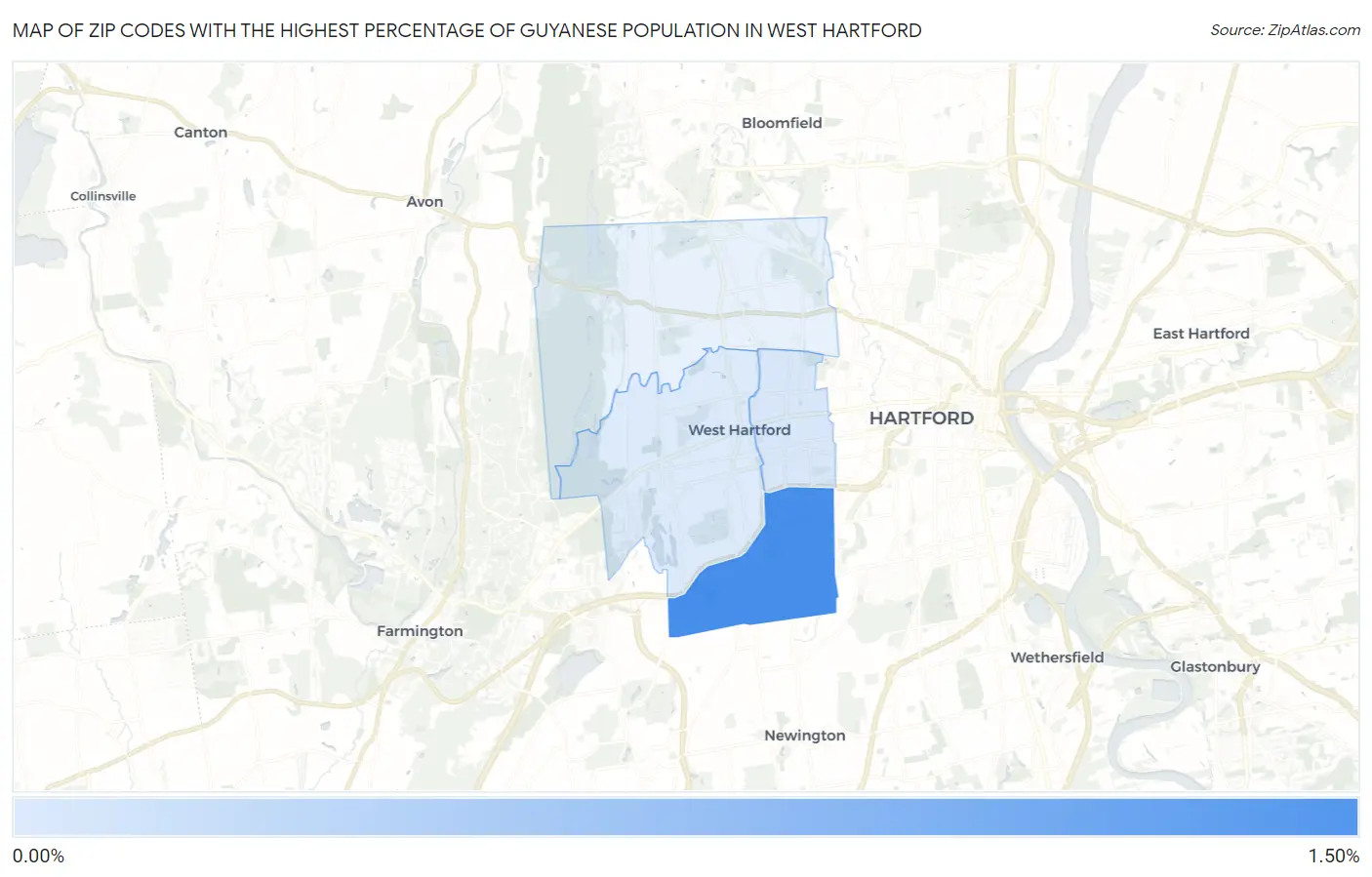 Zip Codes with the Highest Percentage of Guyanese Population in West Hartford Map
