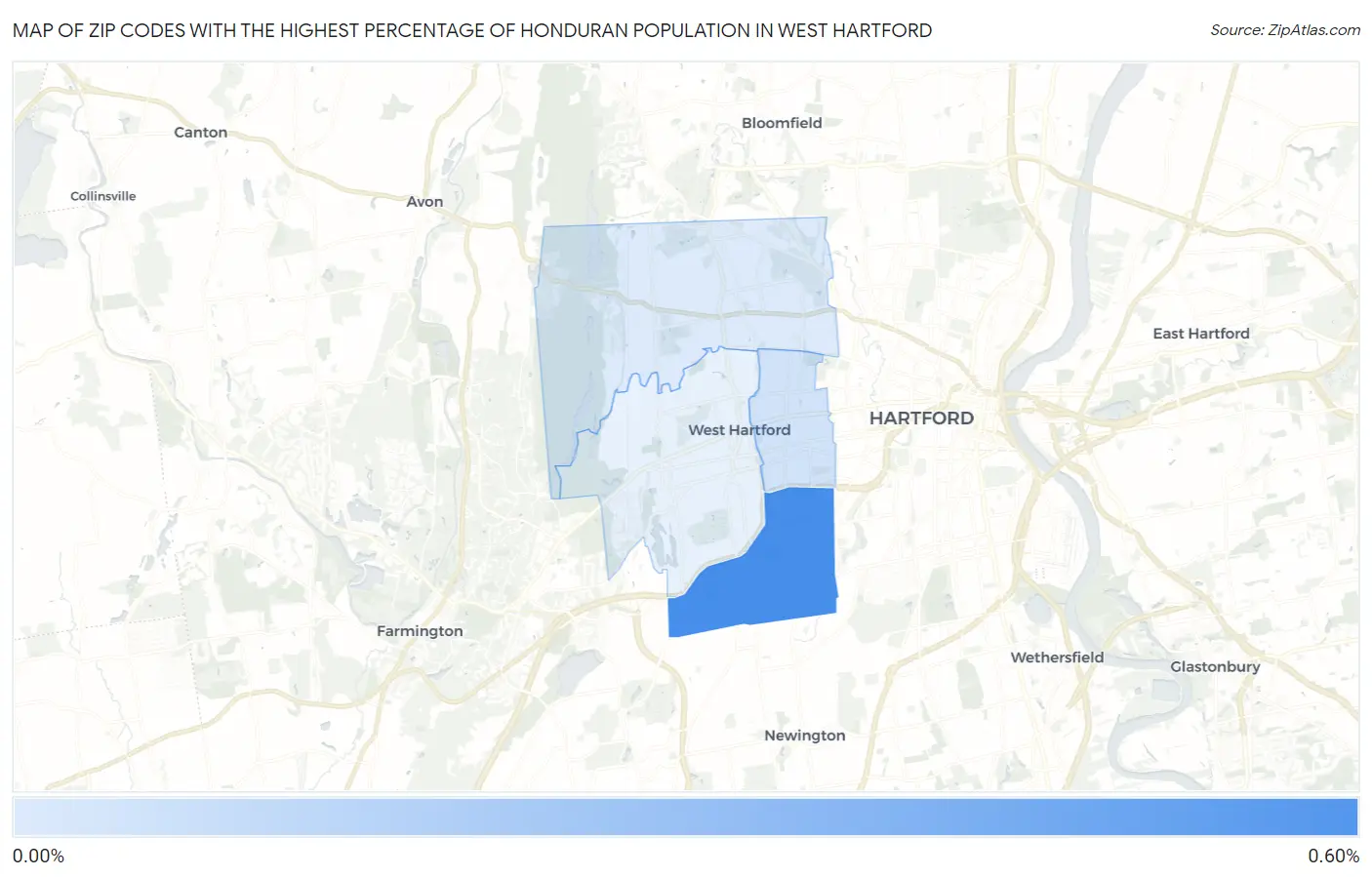 Zip Codes with the Highest Percentage of Honduran Population in West Hartford Map