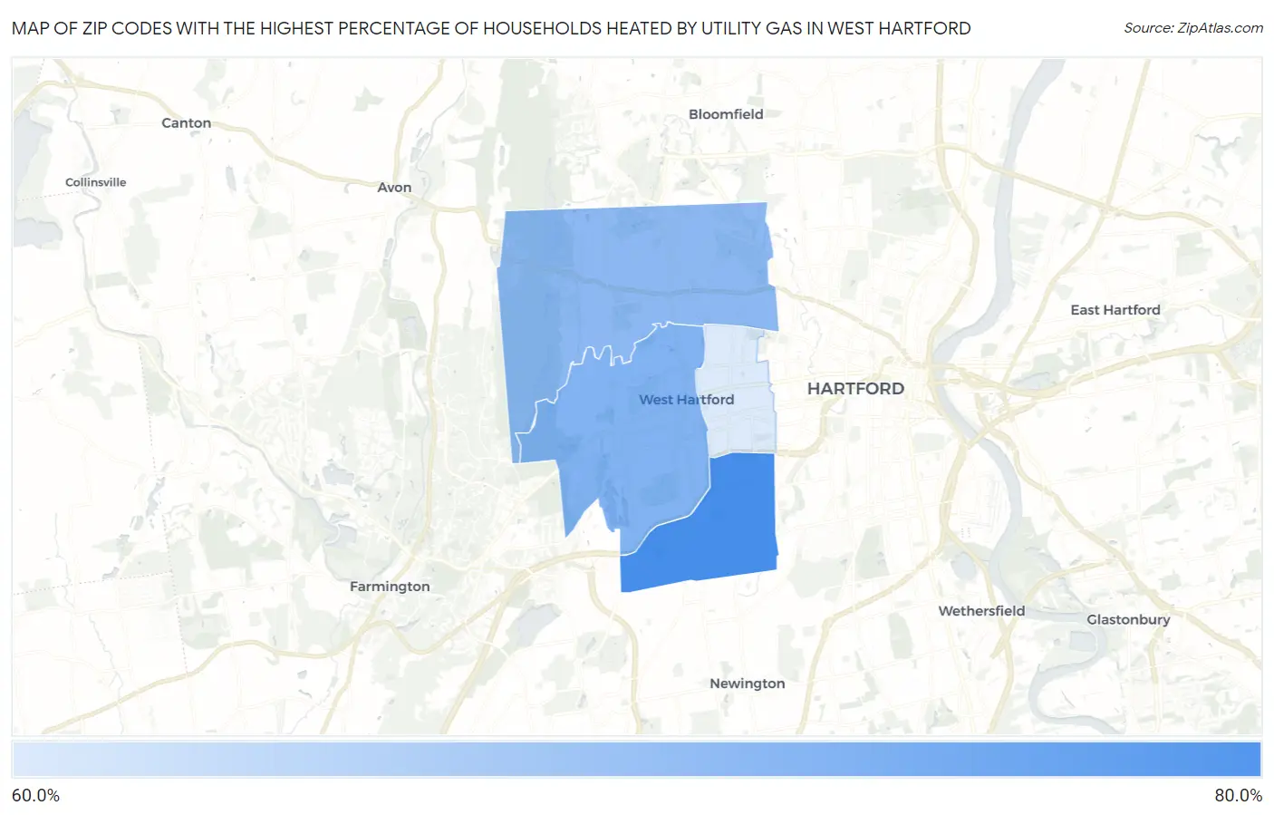 Zip Codes with the Highest Percentage of Households Heated by Utility Gas in West Hartford Map