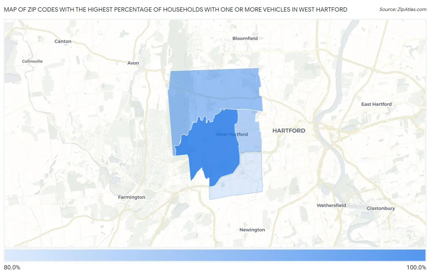 Zip Codes with the Highest Percentage of Households With One or more Vehicles in West Hartford Map