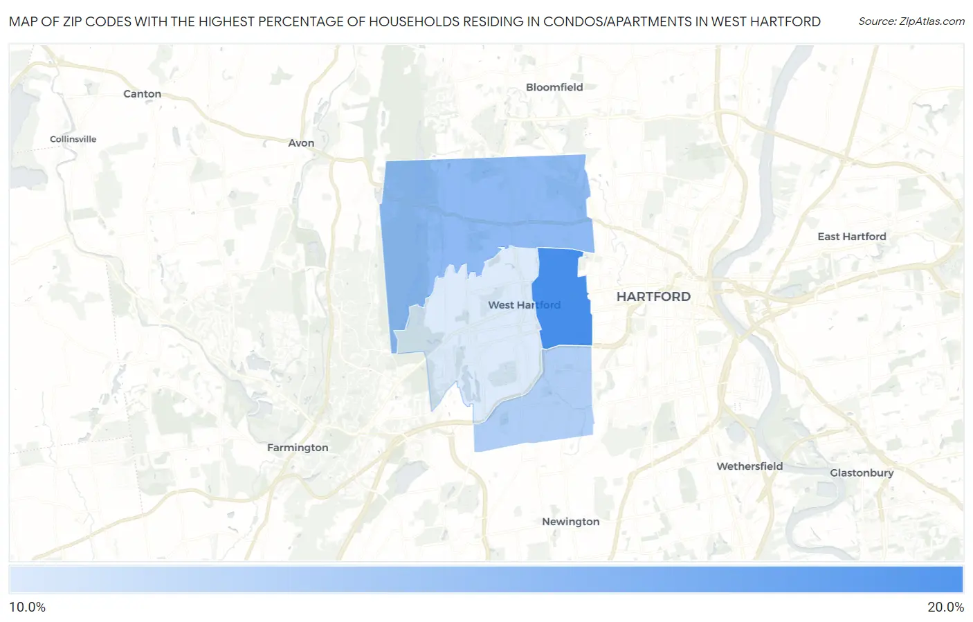 Zip Codes with the Highest Percentage of Households Residing in Condos/Apartments in West Hartford Map
