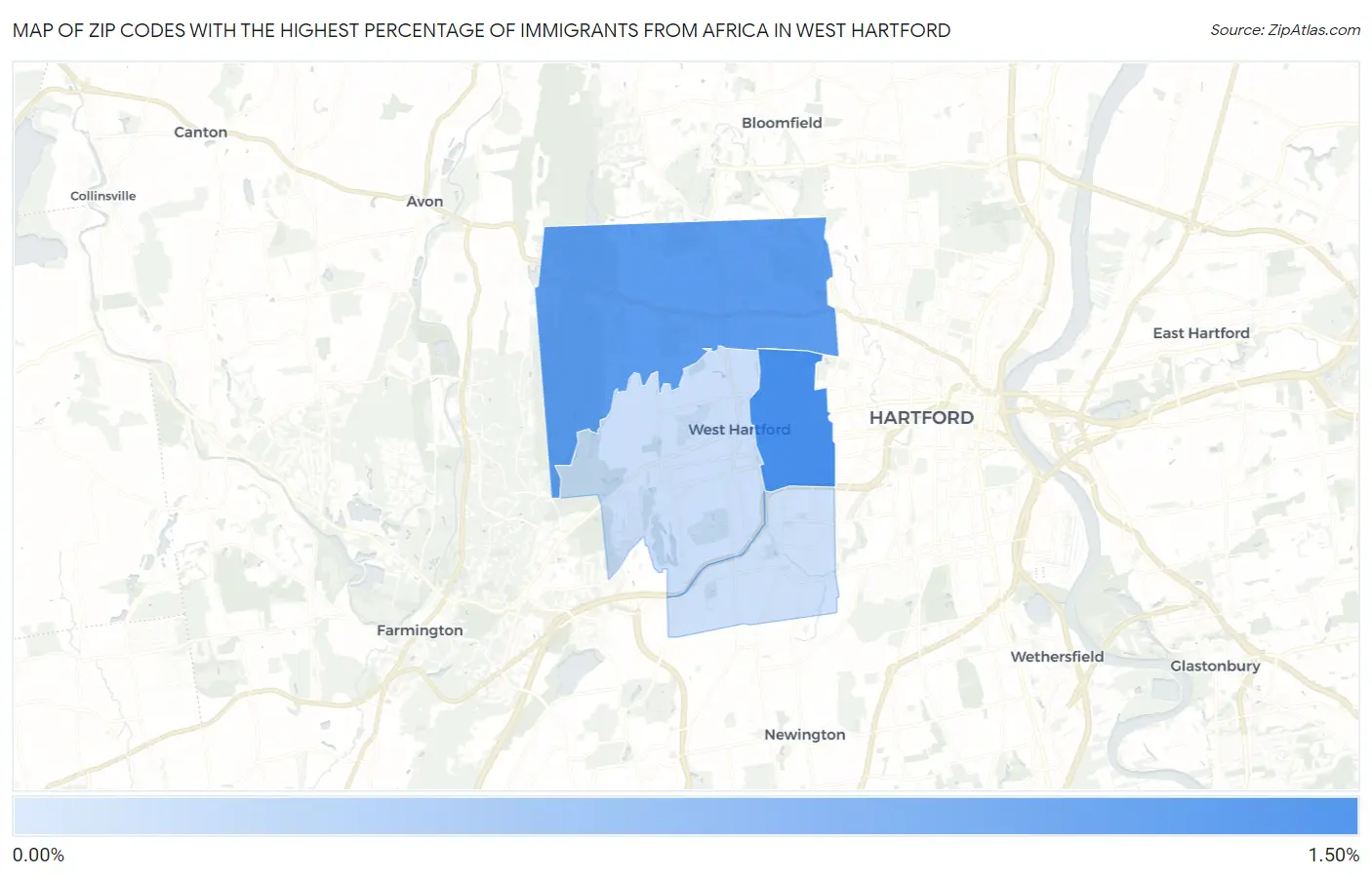 Zip Codes with the Highest Percentage of Immigrants from Africa in West Hartford Map