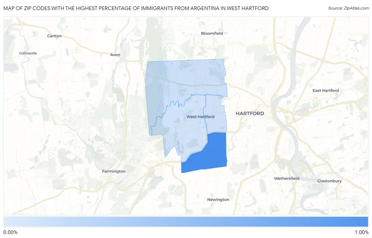 Zip Codes with the Highest Percentage of Immigrants from Argentina in West Hartford Map