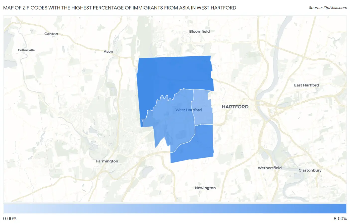 Zip Codes with the Highest Percentage of Immigrants from Asia in West Hartford Map
