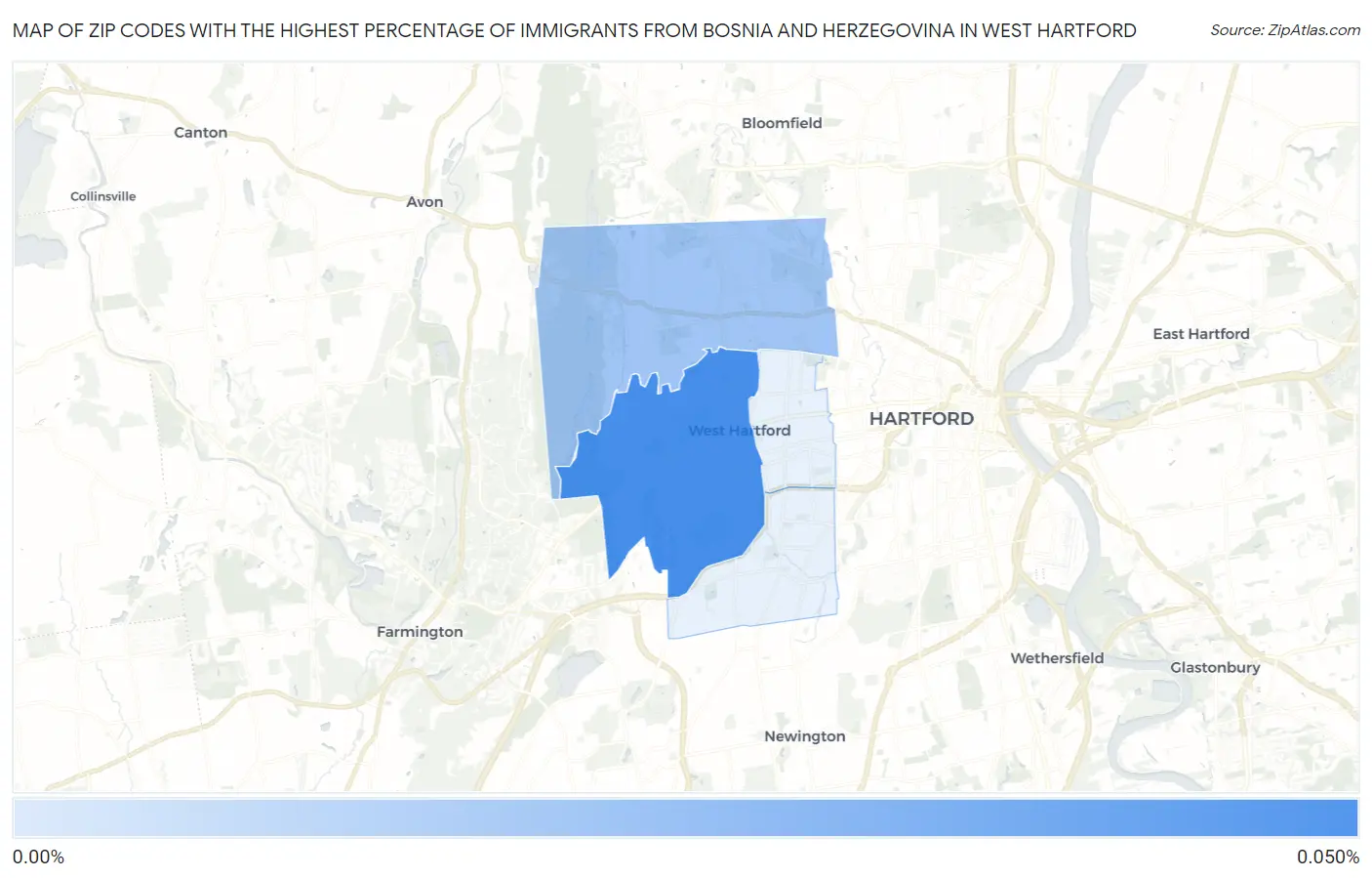 Zip Codes with the Highest Percentage of Immigrants from Bosnia and Herzegovina in West Hartford Map