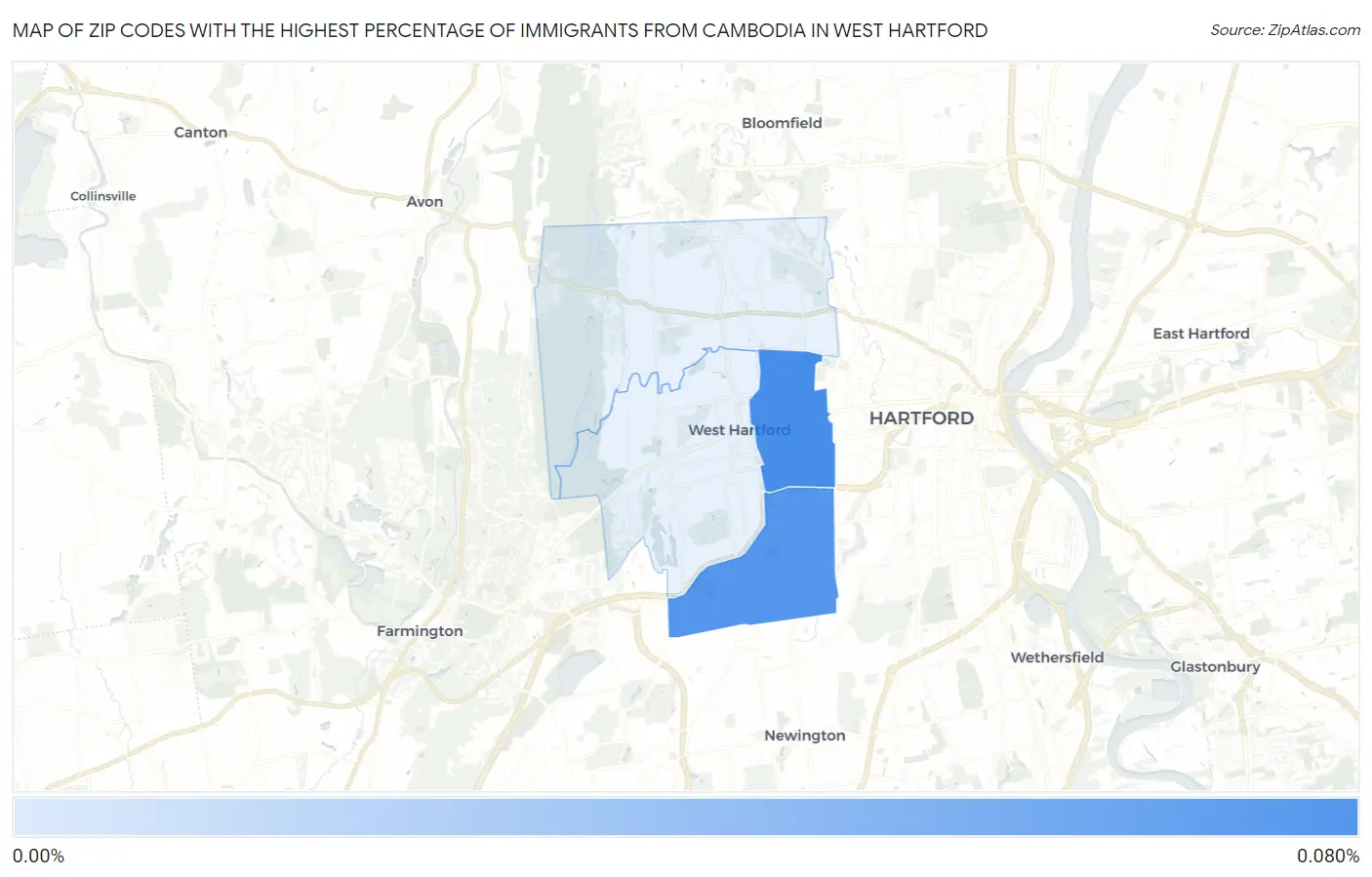 Zip Codes with the Highest Percentage of Immigrants from Cambodia in West Hartford Map