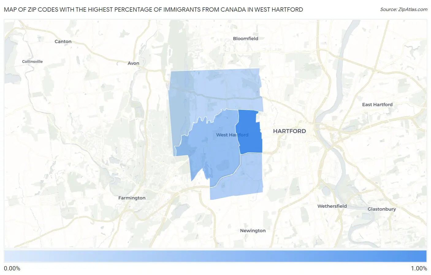 Zip Codes with the Highest Percentage of Immigrants from Canada in West Hartford Map