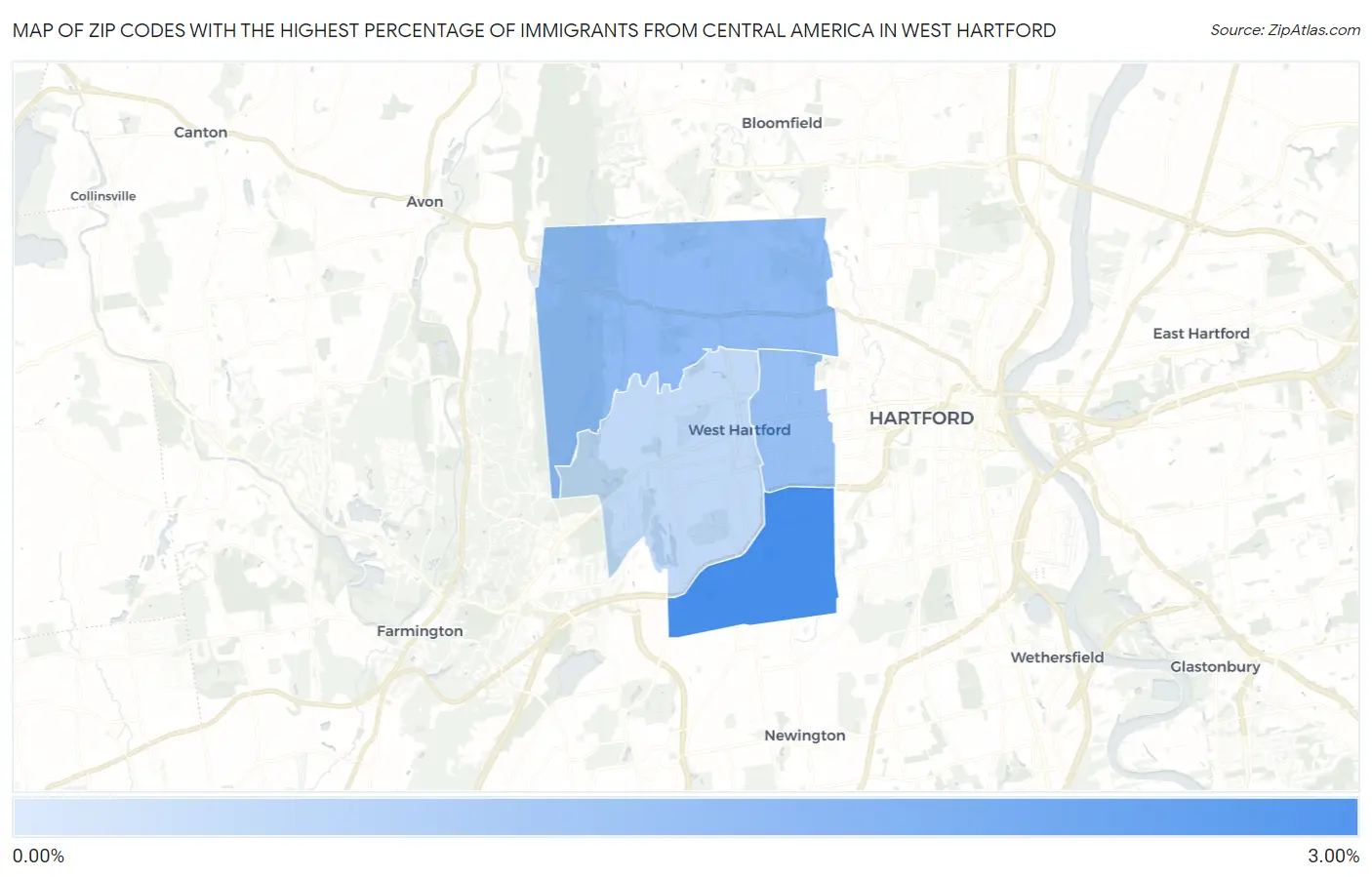 Zip Codes with the Highest Percentage of Immigrants from Central America in West Hartford Map