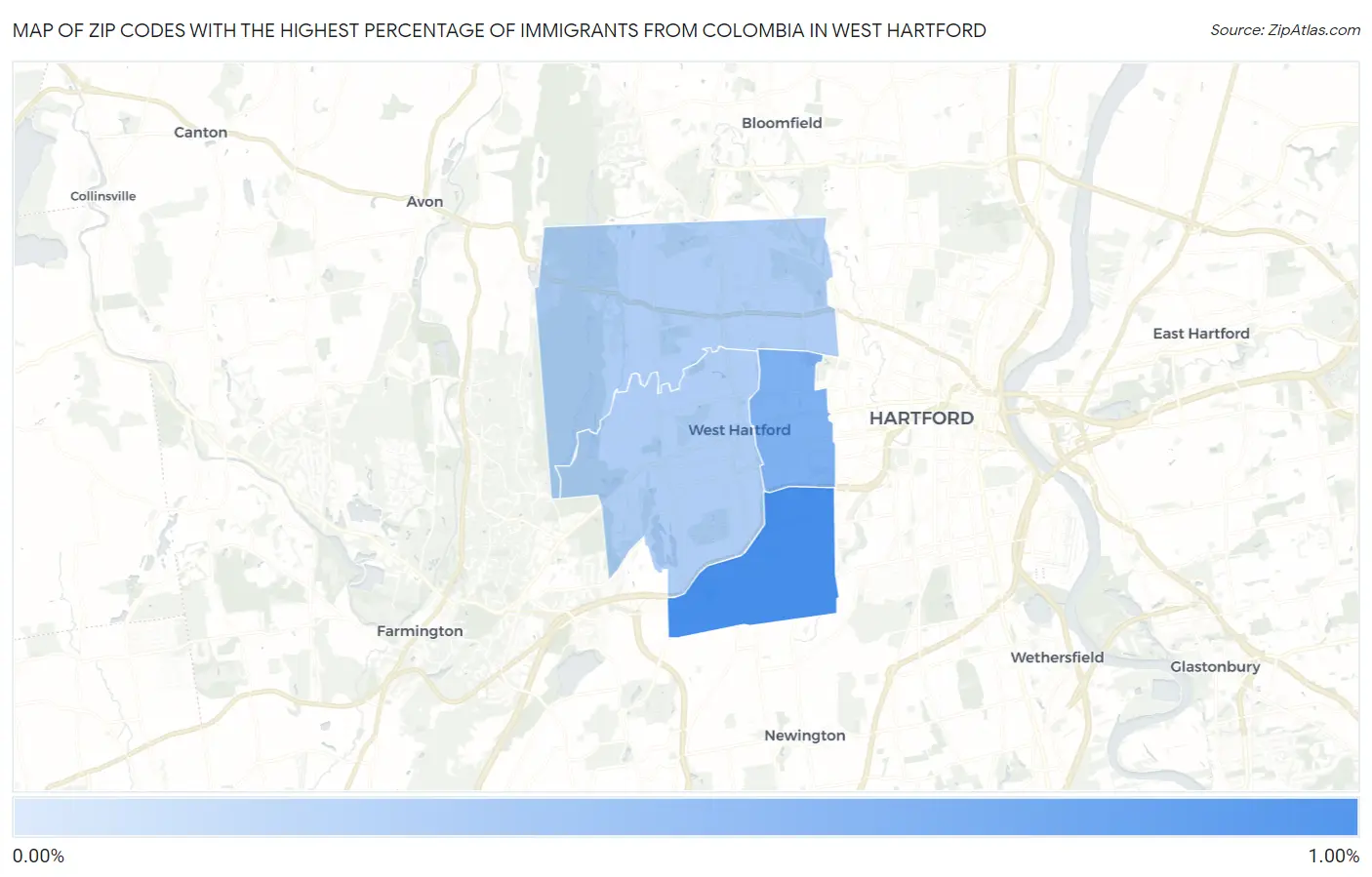 Zip Codes with the Highest Percentage of Immigrants from Colombia in West Hartford Map